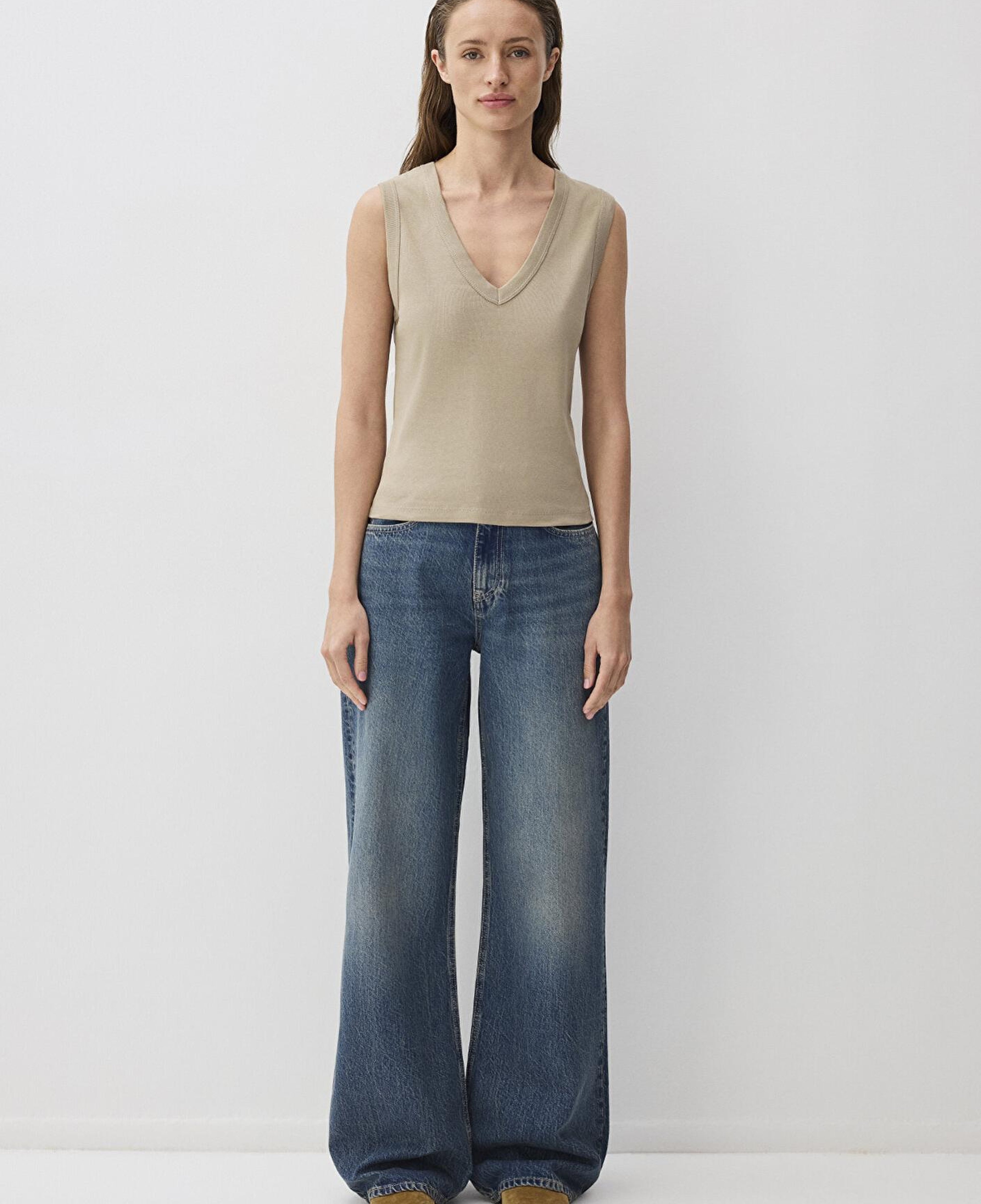 Mavi Kahverengi V Yaka Kolsuz Bluz 1613248-80656