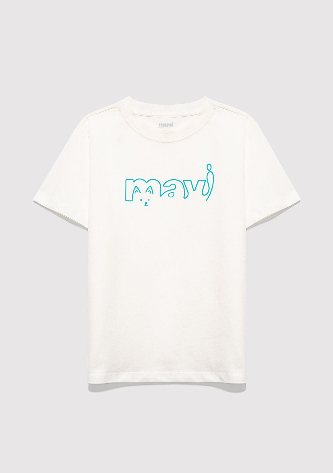 Mavi Mavi Logo Kedi Baskılı Ekru Tişört Regular Fit / Normal Kesim 7610338-70057