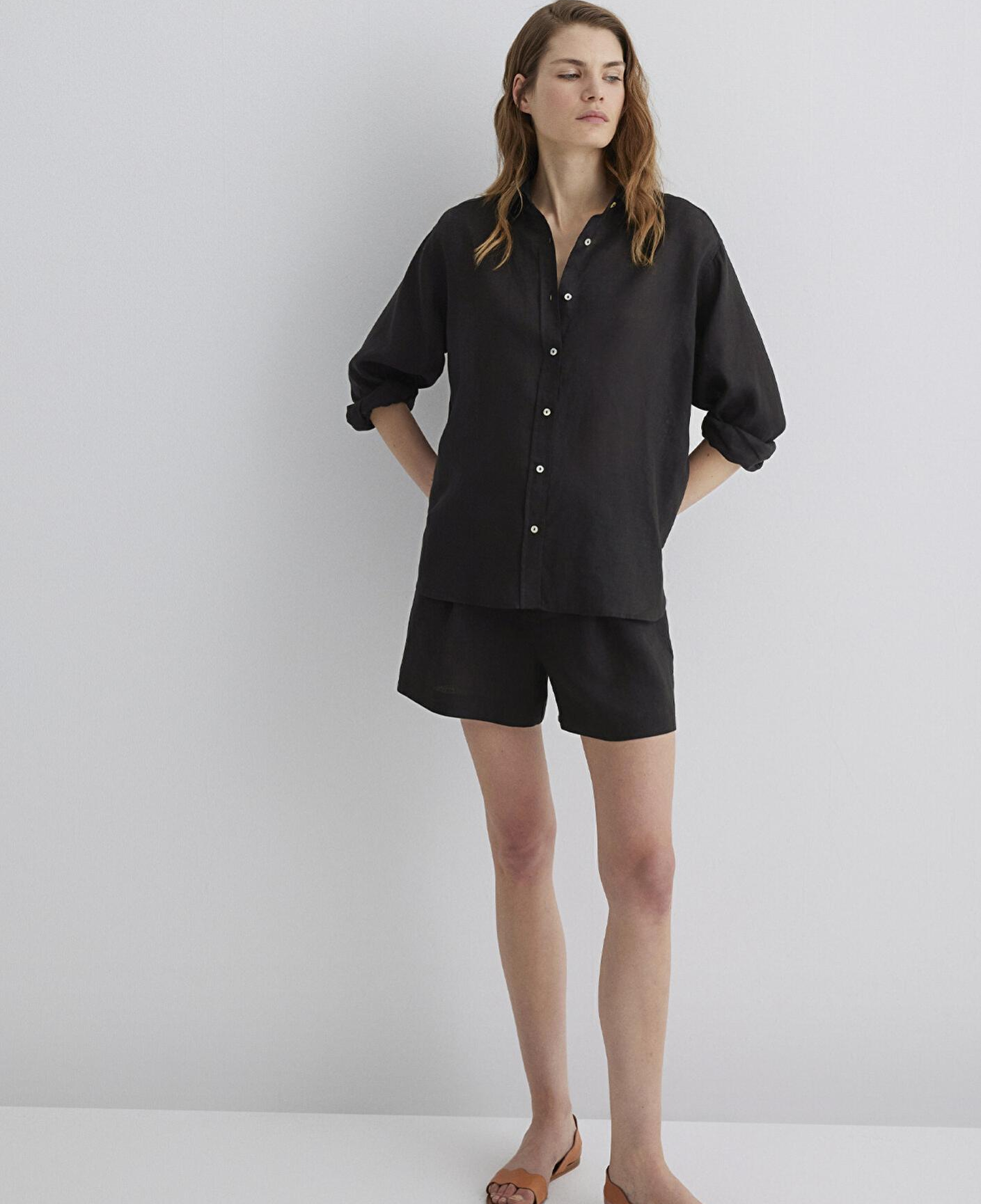 Mavi Siyah Keten Gömlek Loose Fit / Bol Rahat Kesim 1210747-900