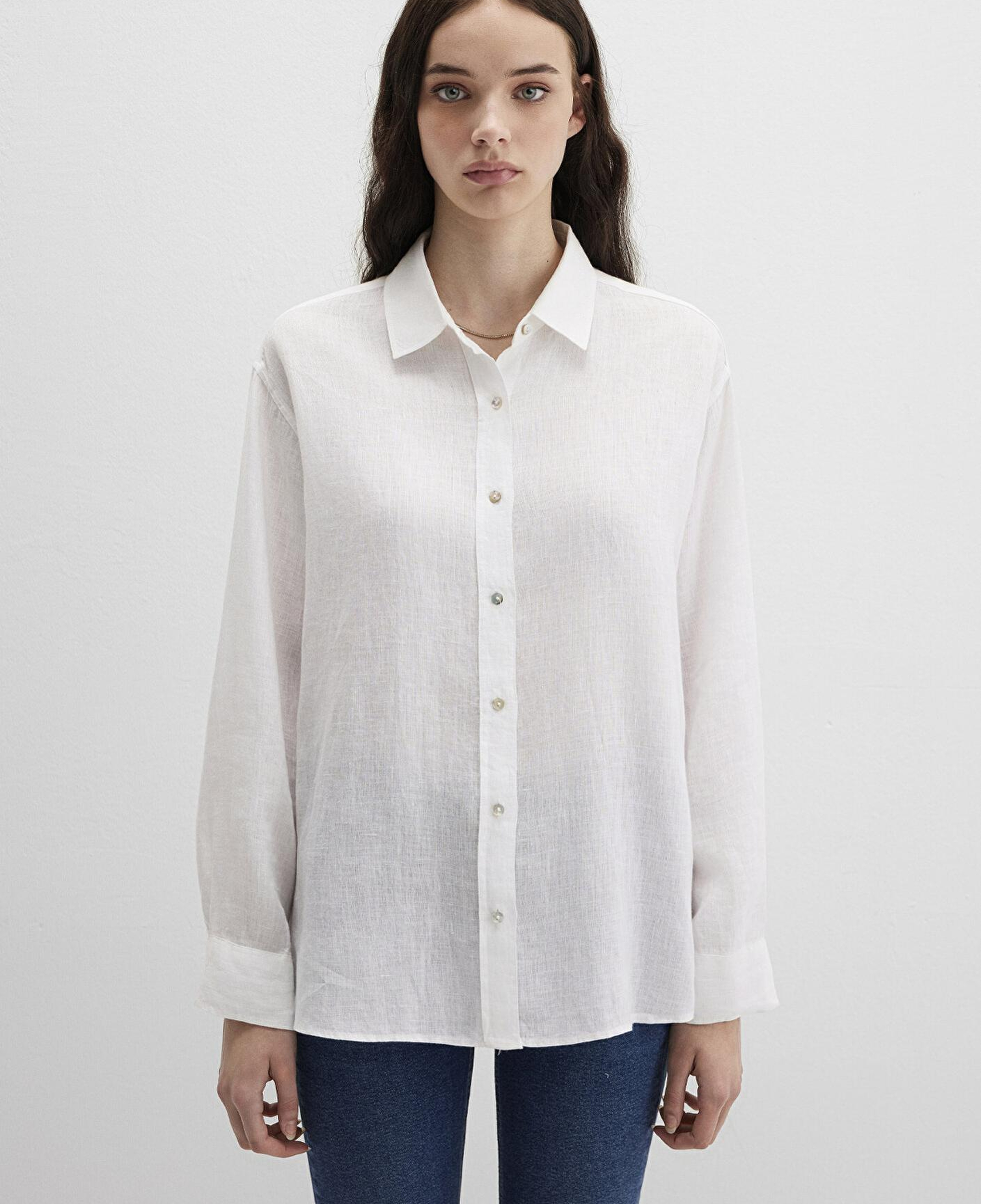 Mavi Beyaz Keten Gömlek Loose Fit / Bol Rahat Kesim 1210747-620