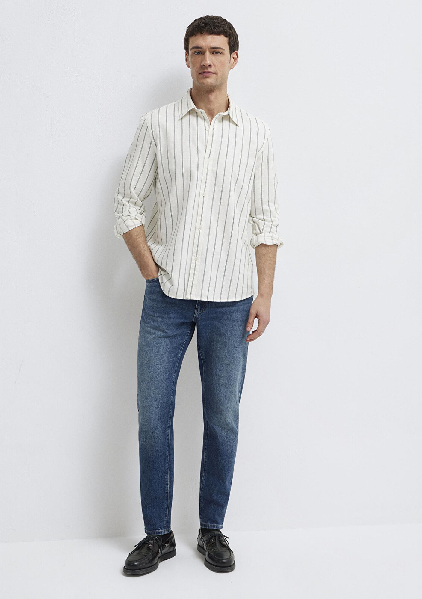 Mavi Yeşil Çizgili Keten Karışımlı Gömlek Regular Fit / Normal Kesim 0211380-71599