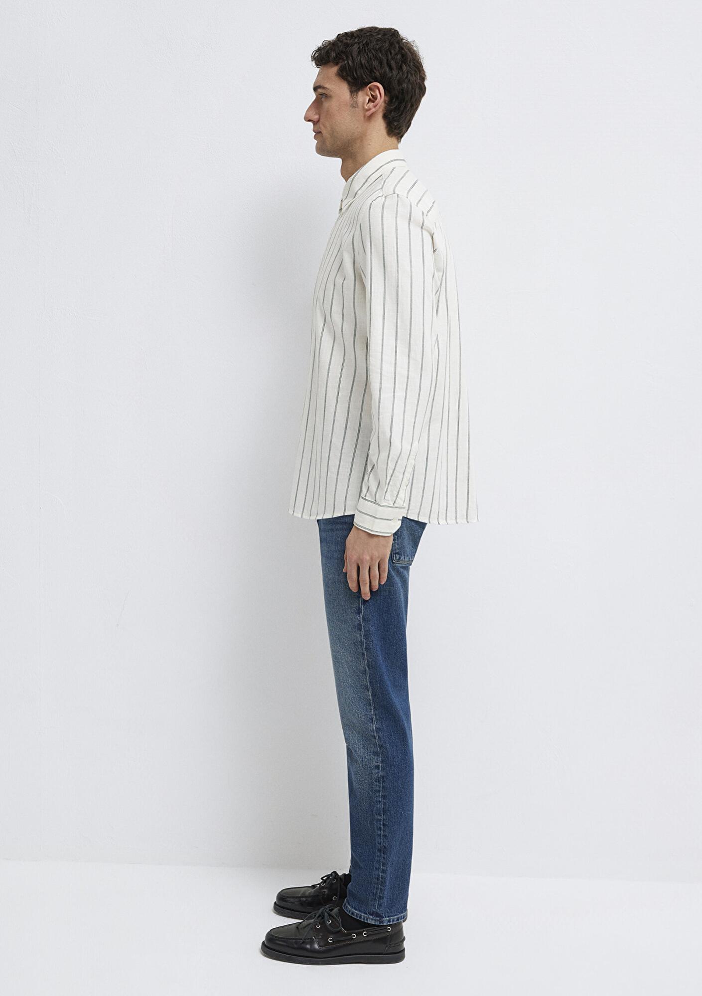 Mavi Yeşil Çizgili Keten Karışımlı Gömlek Regular Fit / Normal Kesim 0211380-71599