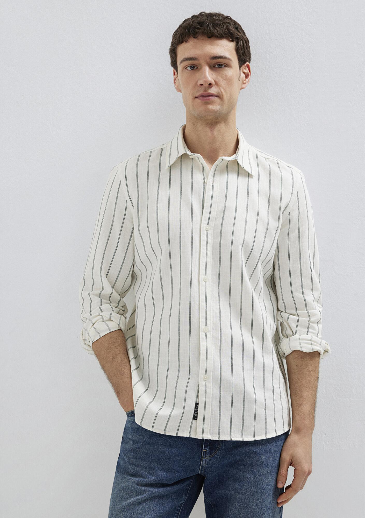 Mavi Yeşil Çizgili Keten Karışımlı Gömlek Regular Fit / Normal Kesim 0211380-71599