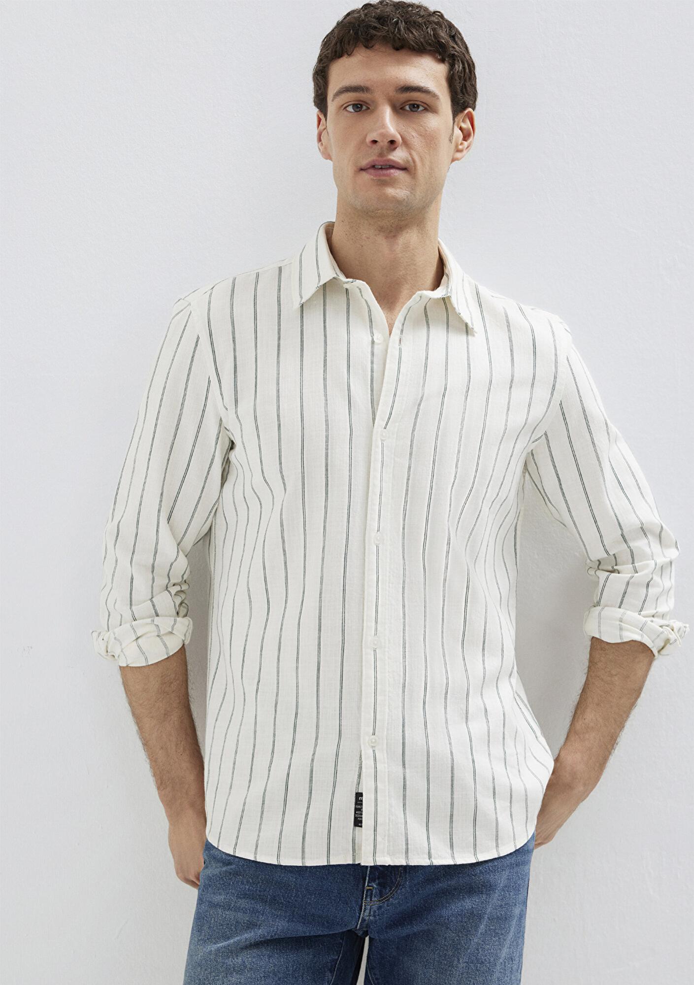 Mavi Yeşil Çizgili Keten Karışımlı Gömlek Regular Fit / Normal Kesim 0211380-71599