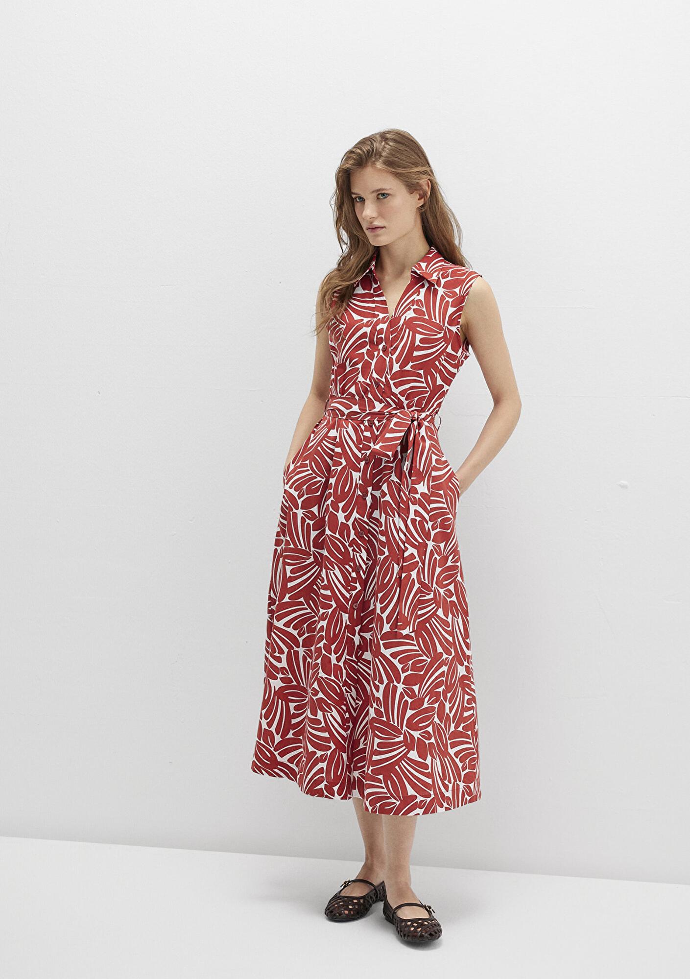 Mavi Baskılı Kırmızı Uzun Elbise 1310766-91314