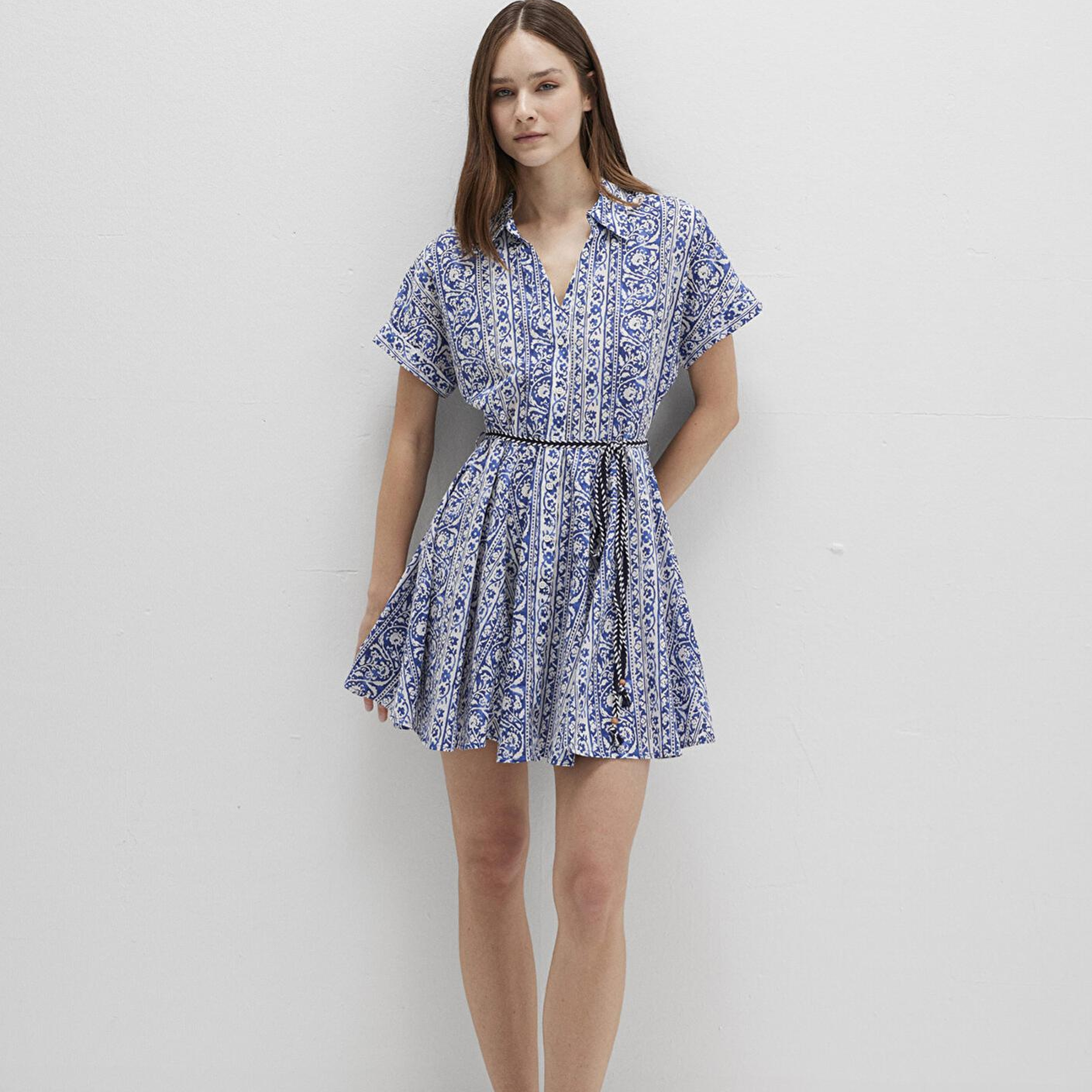 Mavi Baskılı Beli Bağcıklı Mini Elbise 1310763-91087