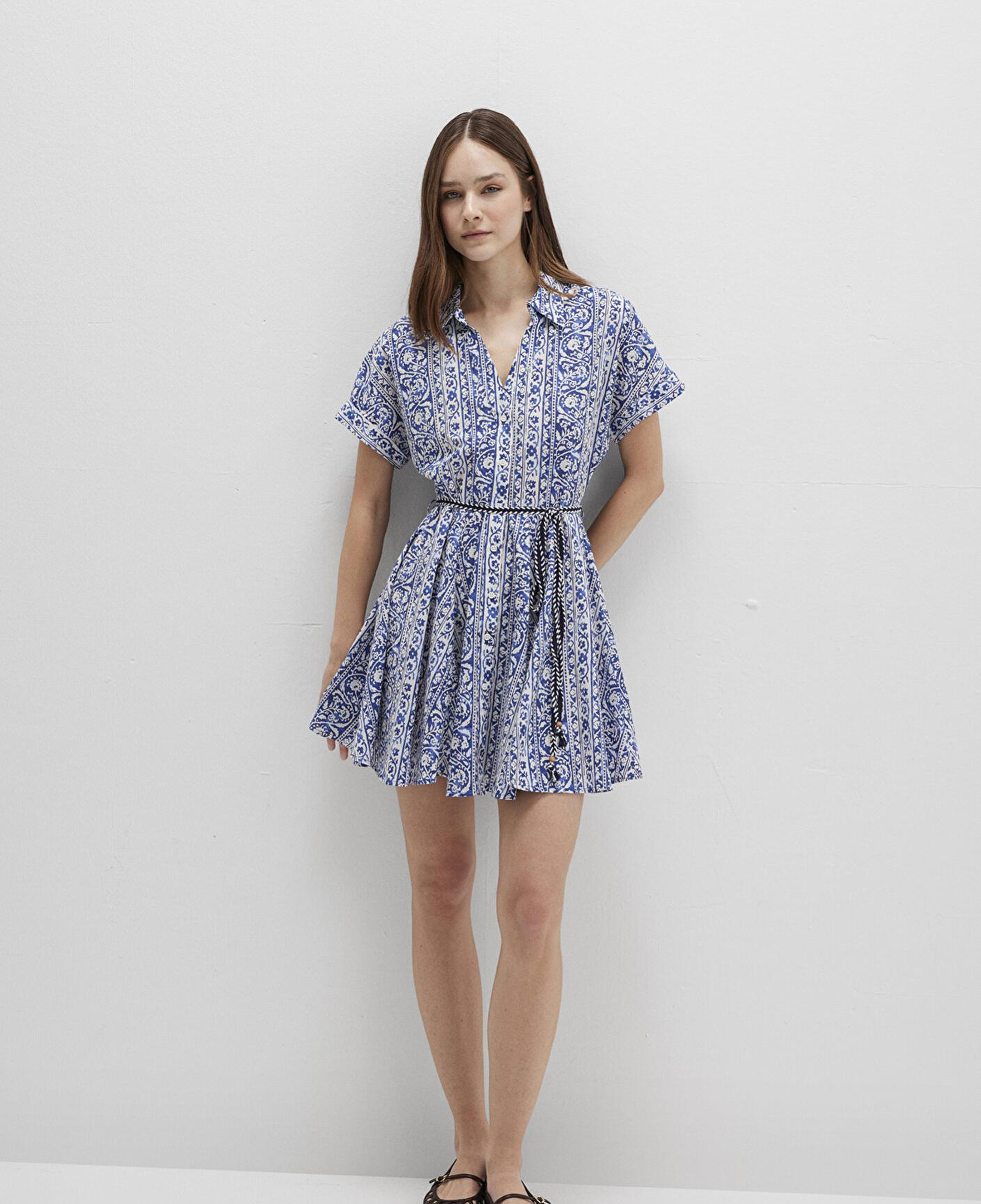 Mavi Baskılı Beli Bağcıklı Mini Elbise 1310763-91087