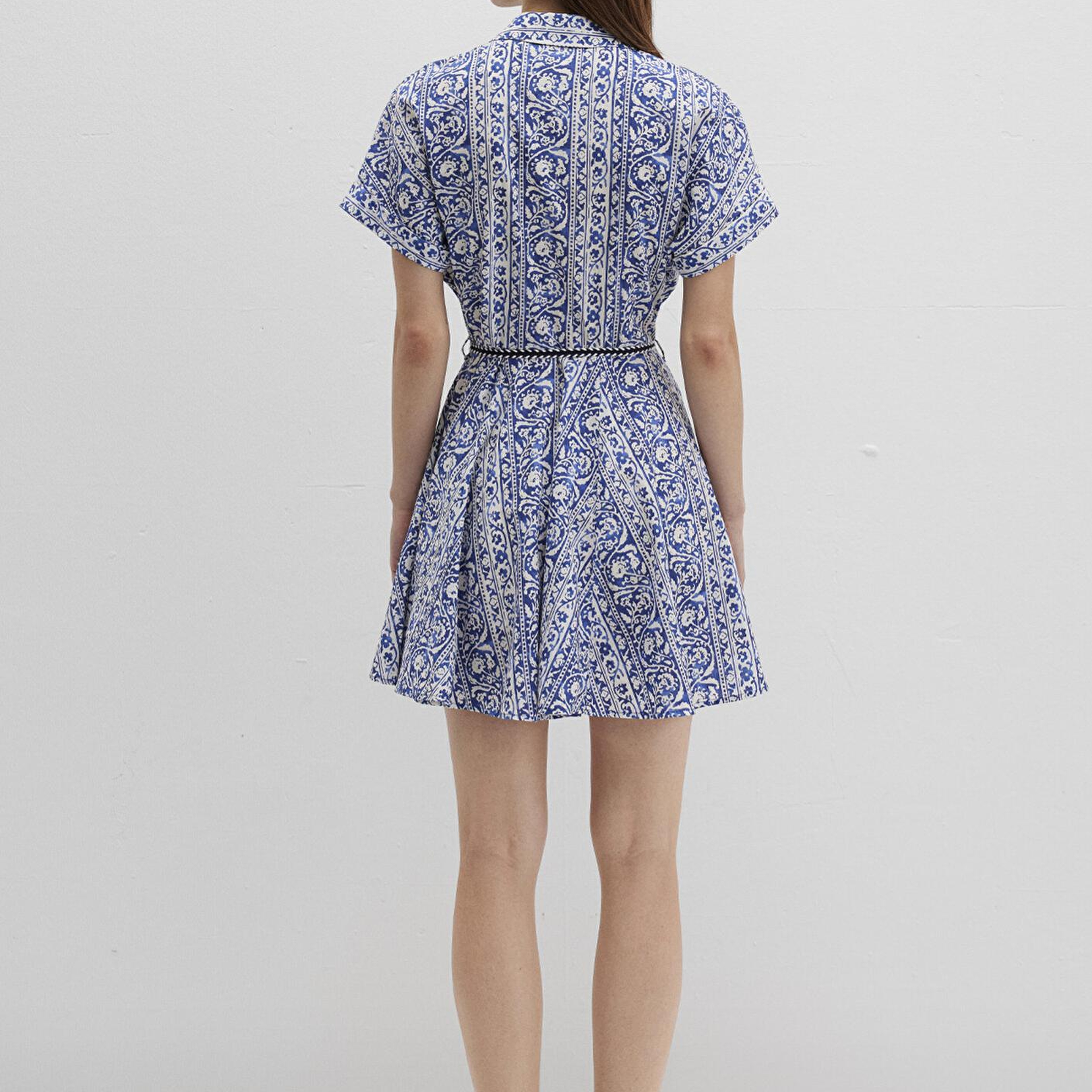 Mavi Baskılı Beli Bağcıklı Mini Elbise 1310763-91087