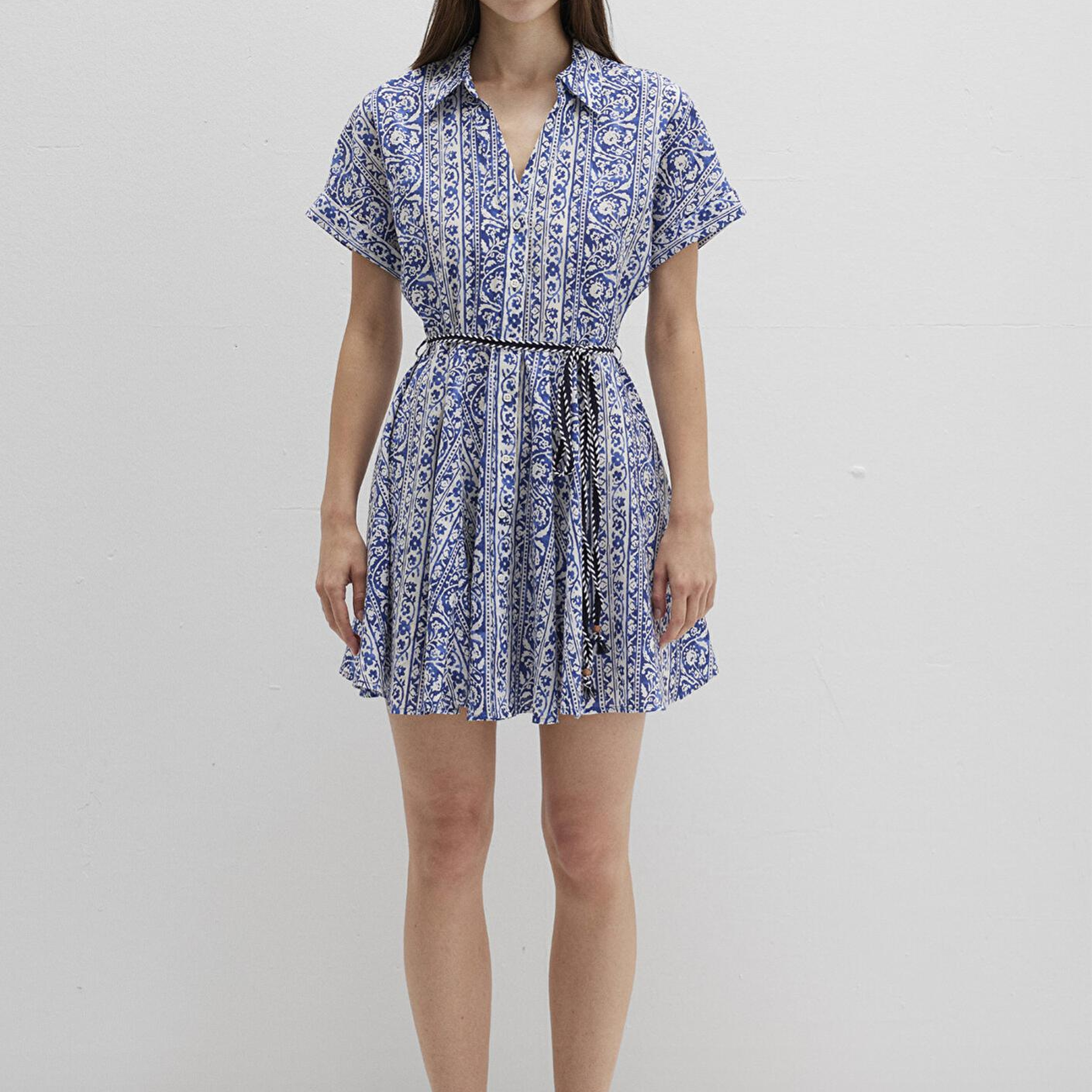 Mavi Baskılı Beli Bağcıklı Mini Elbise 1310763-91087