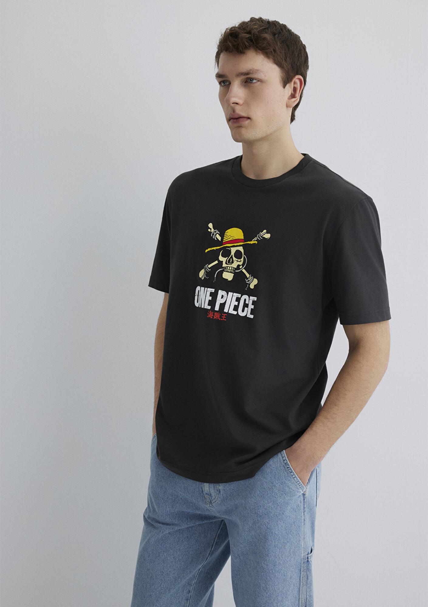 Mavi One Piece Baskılı Antrasit Tişört Loose Fit / Bol Rahat Kesim 0612662-70092