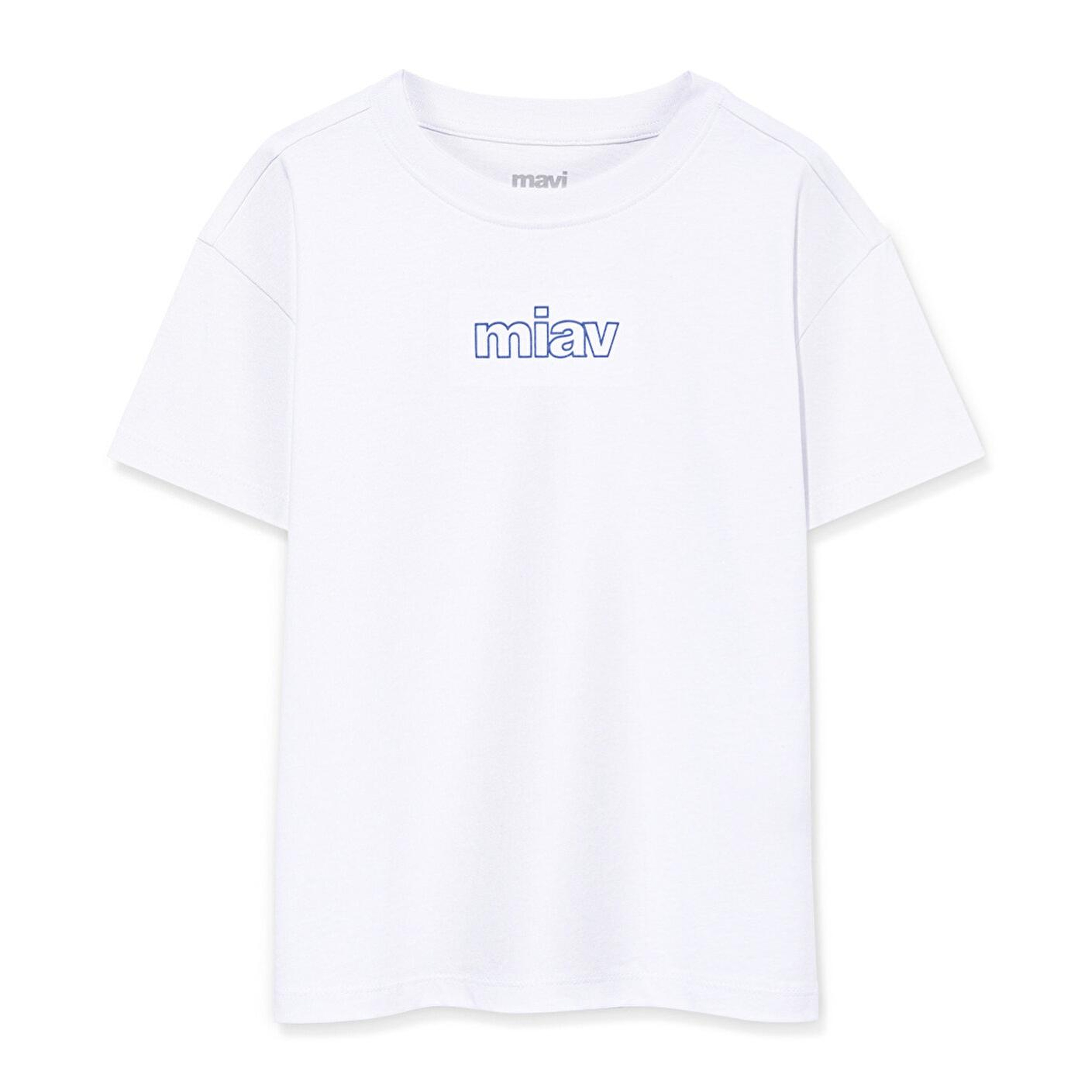 Mavi Miav Baskılı Beyaz Oversize Çocuk Tişört Loose Fit / Bol Rahat Kesim 7610158-620