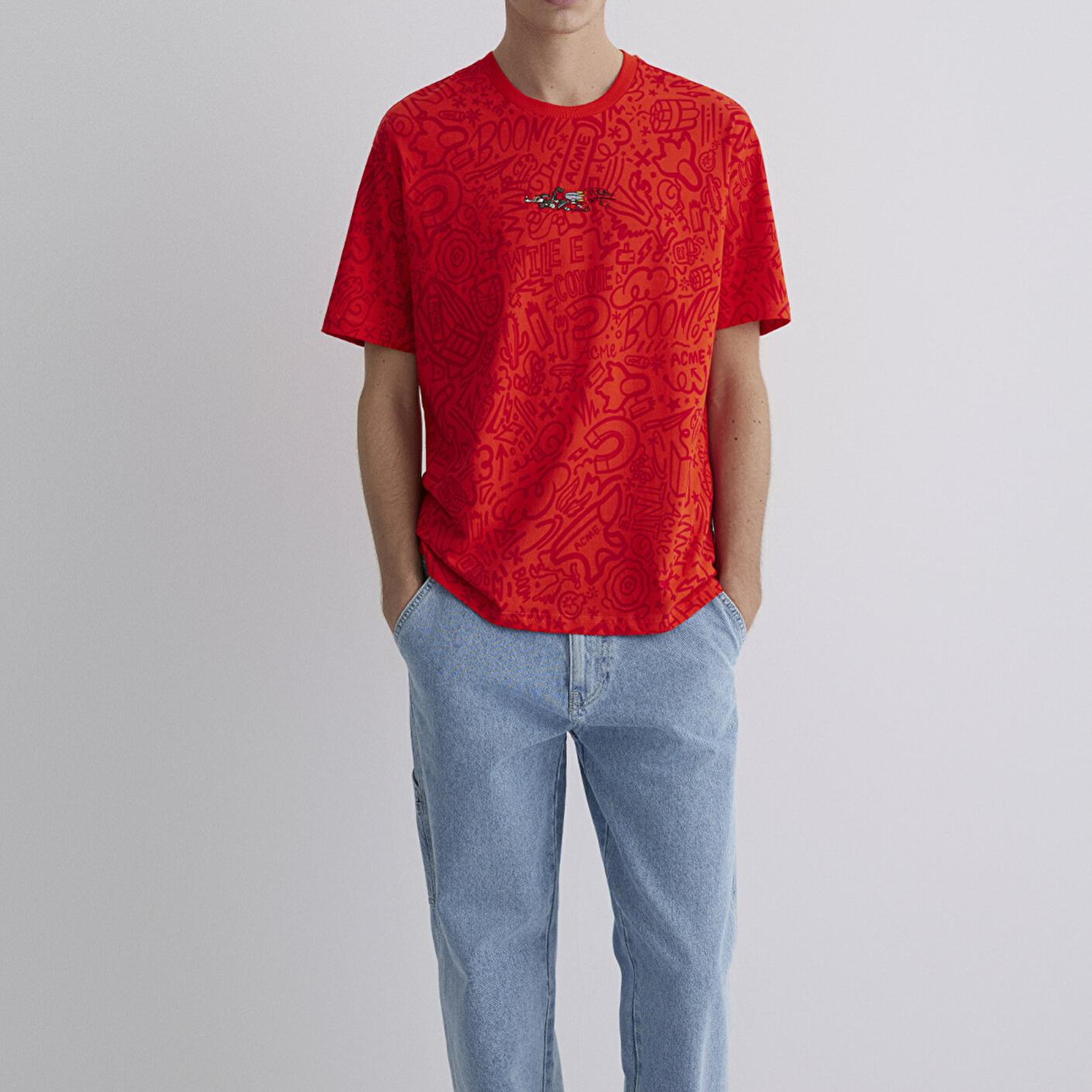 Mavi Coyote Baskılı Kırmızı Tişört Loose Fit / Bol Rahat Kesim 0611244-70471