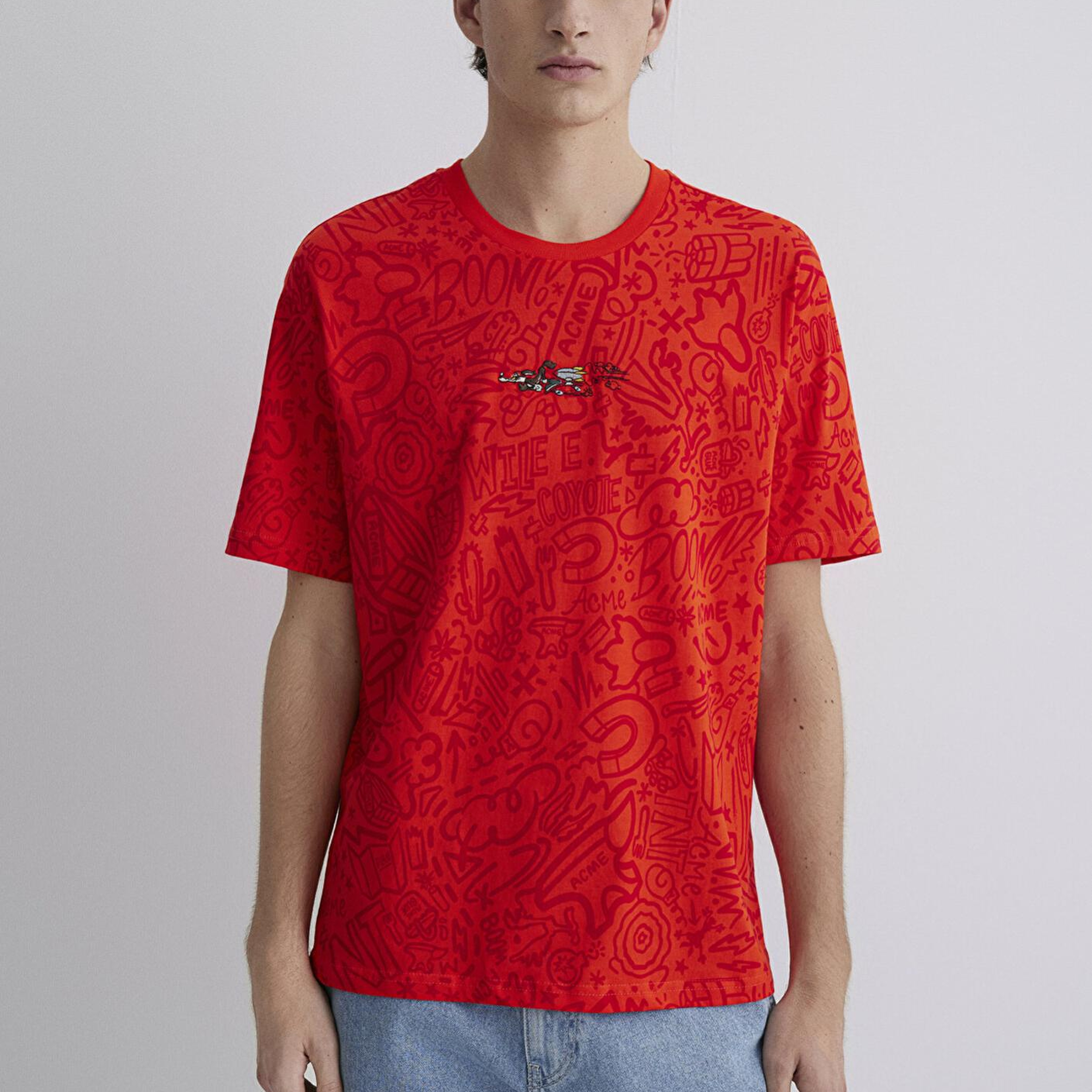 Mavi Coyote Baskılı Kırmızı Tişört Loose Fit / Bol Rahat Kesim 0611244-70471