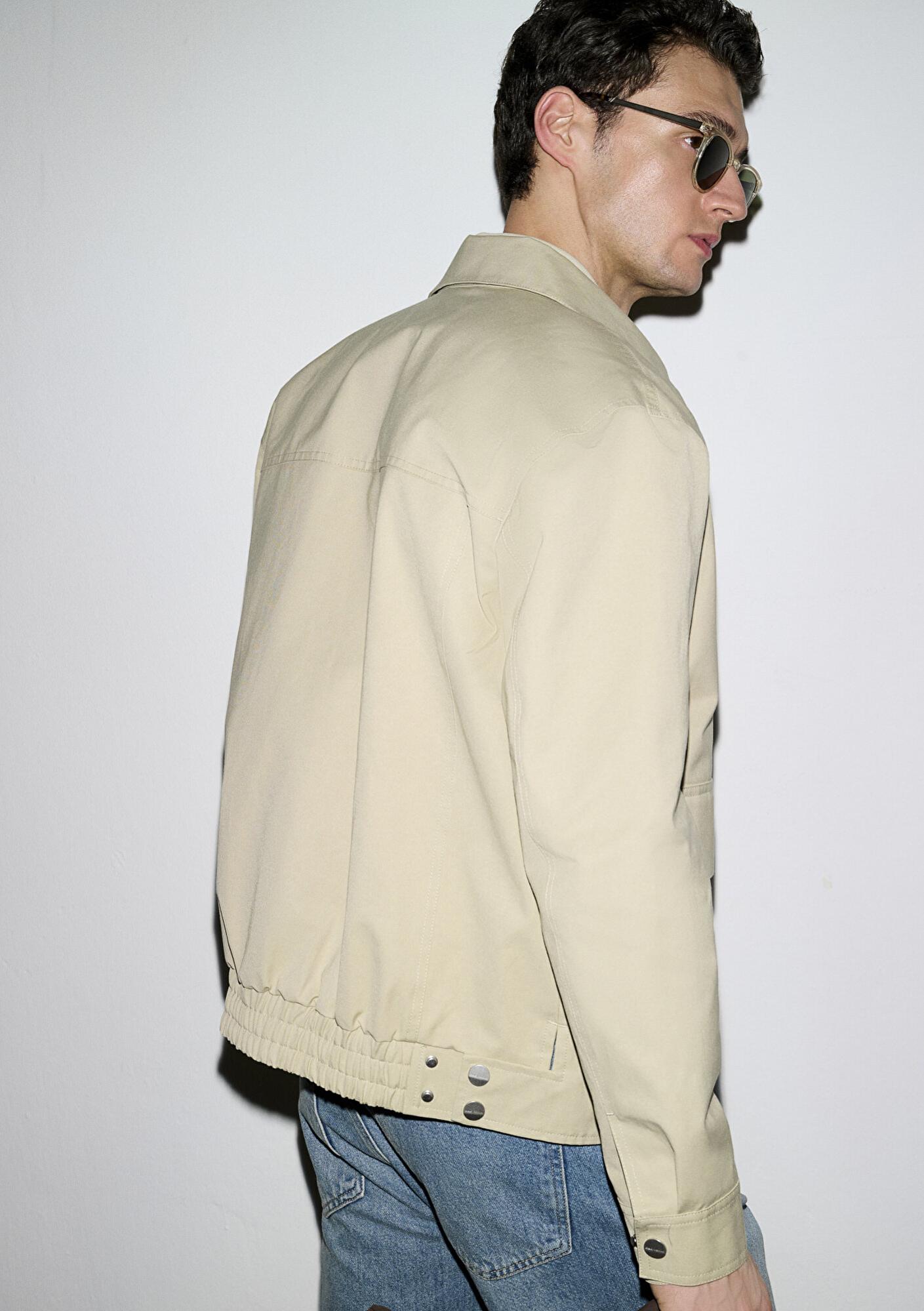 Mavi Cep Detaylı Bej Ceket Loose Fit / Bol Rahat Kesim 0110777-70186