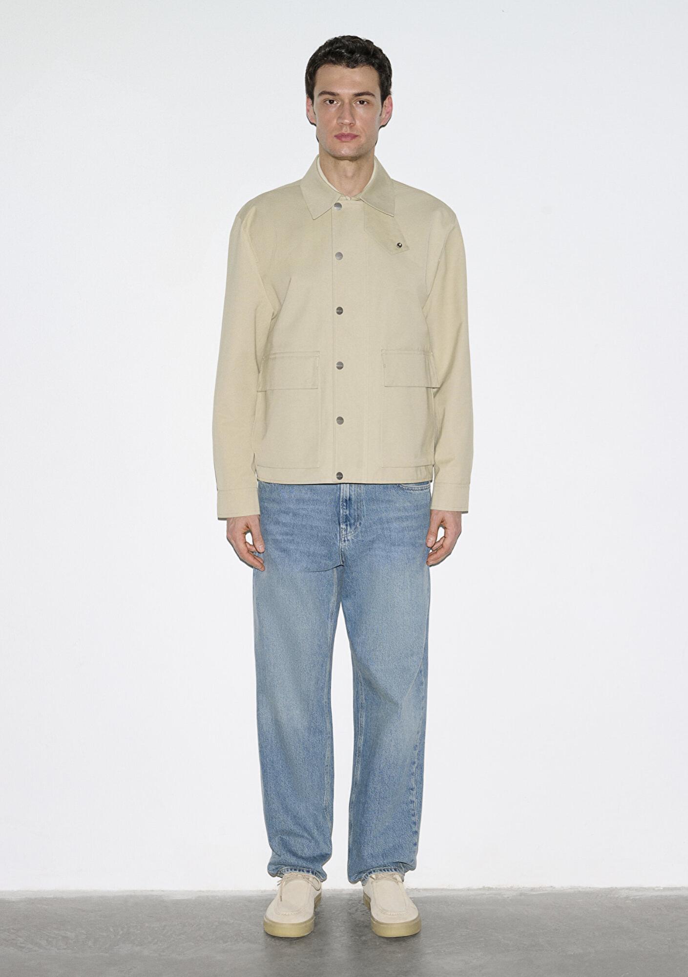 Mavi Cep Detaylı Bej Ceket Loose Fit / Bol Rahat Kesim 0110777-70186