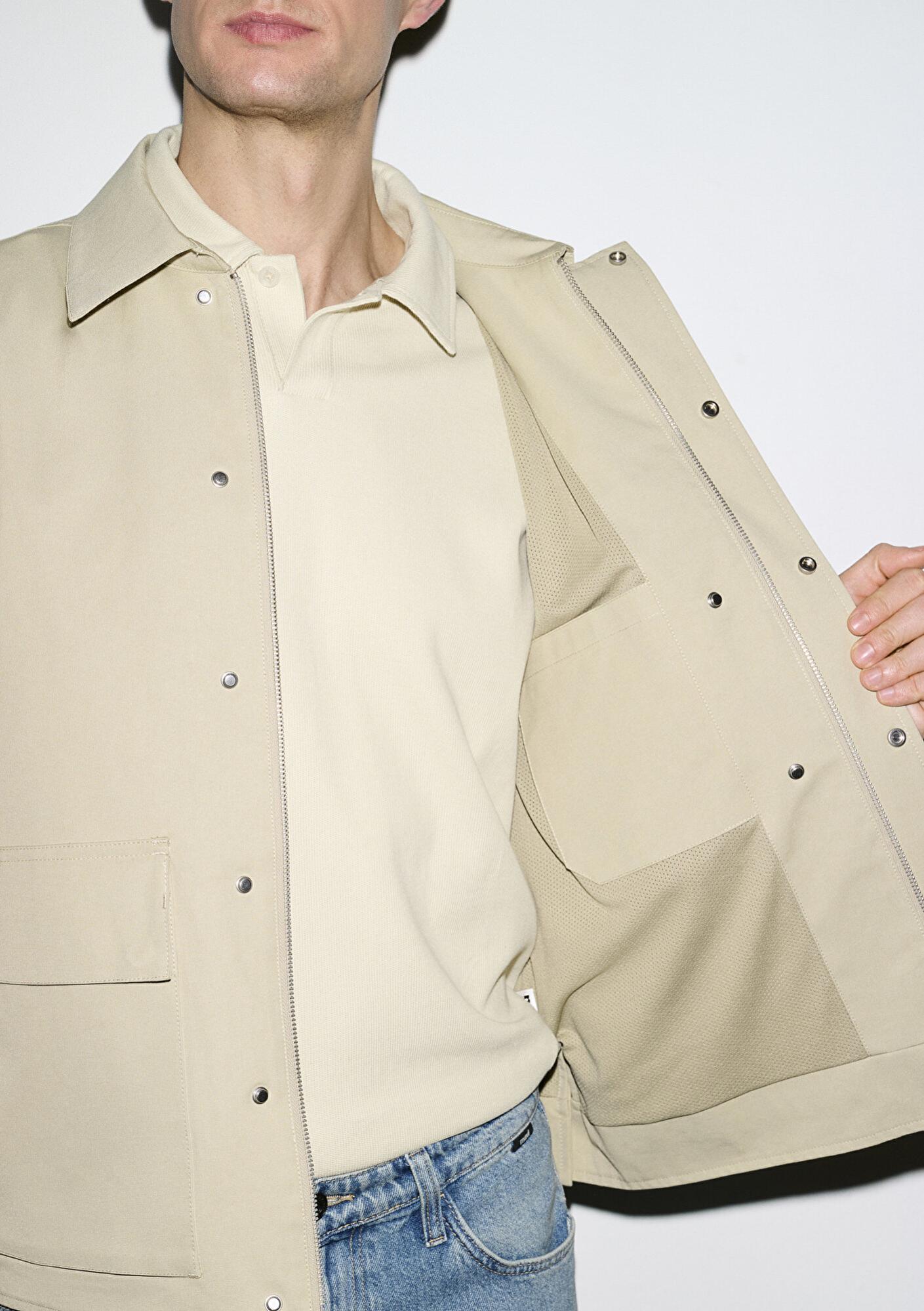 Mavi Cep Detaylı Bej Ceket Loose Fit / Bol Rahat Kesim 0110777-70186