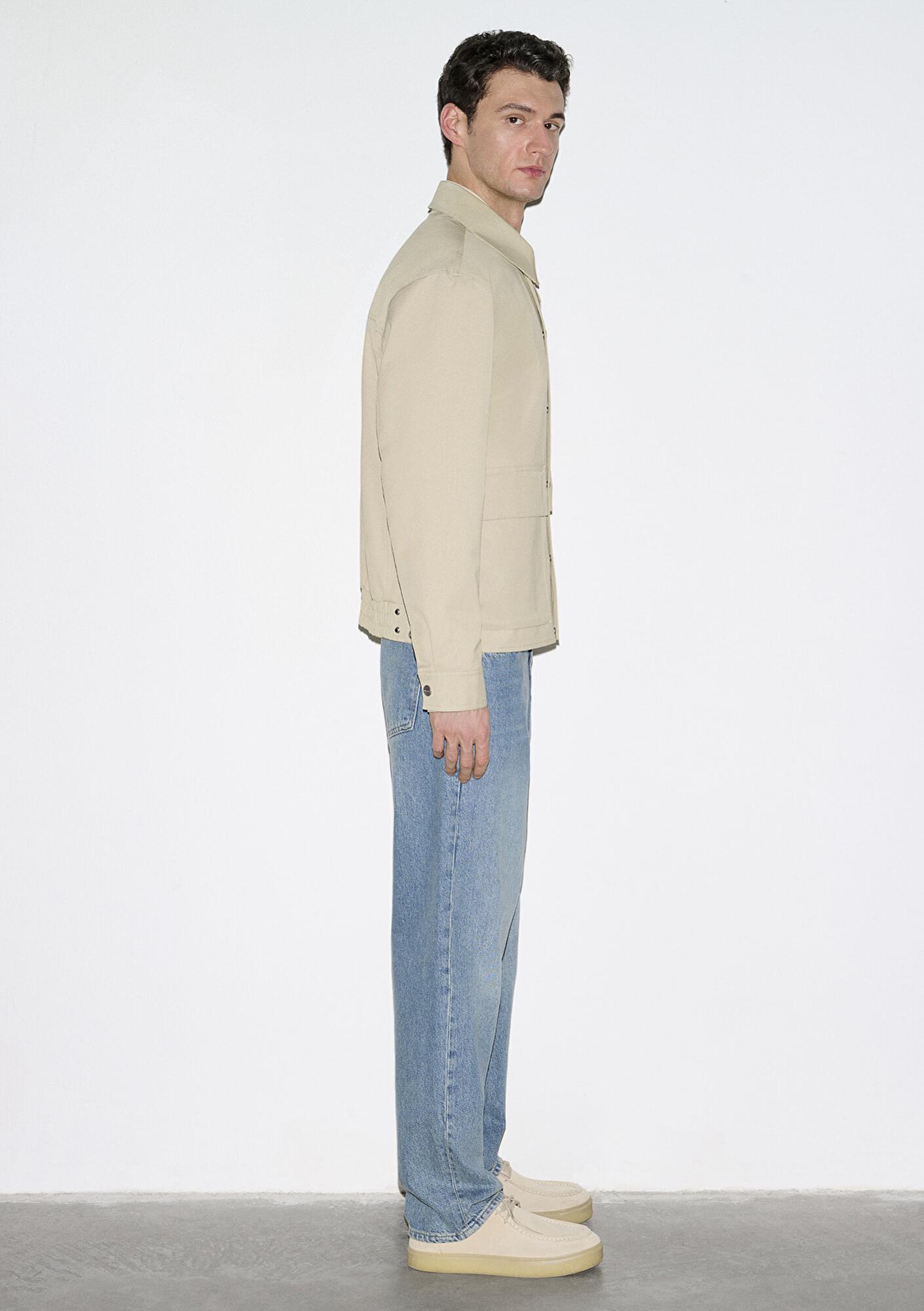 Mavi Cep Detaylı Bej Ceket Loose Fit / Bol Rahat Kesim 0110777-70186