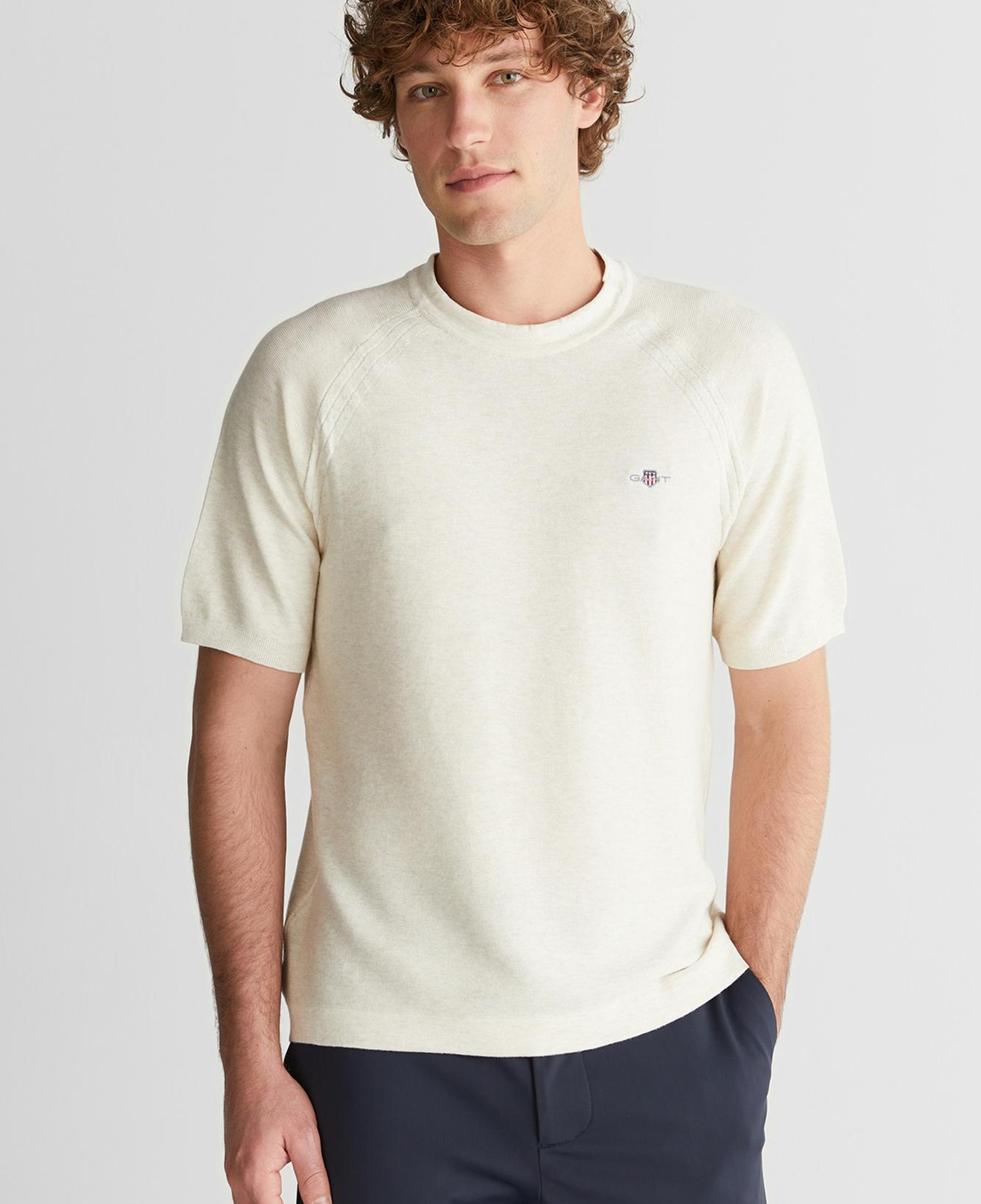 GANT Erkek Bej Regular Fit Bisiklet Yaka Logolu Kazak