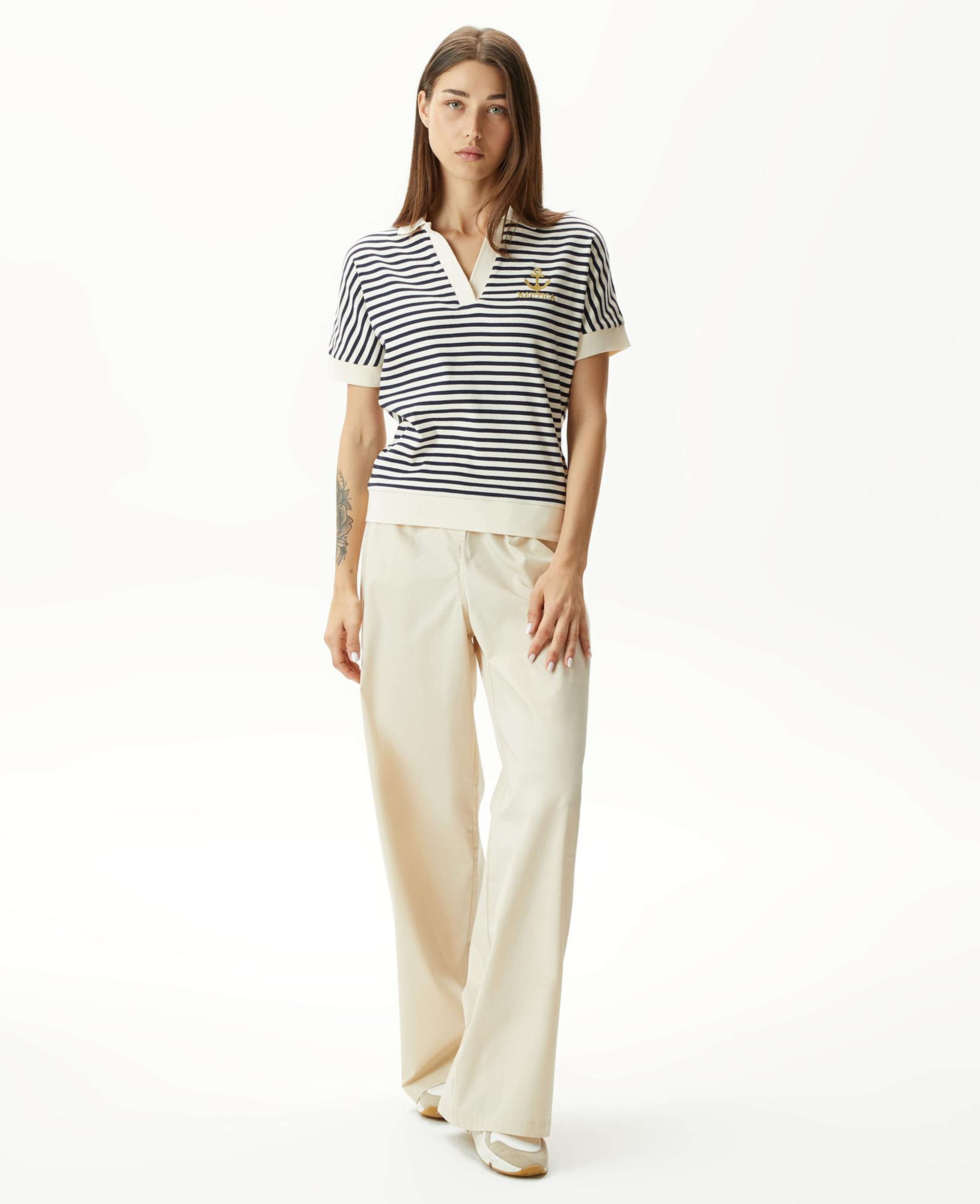 Nautica Kadın Lacivert Slim Fit Çizgili Polo Yaka T-Shirt