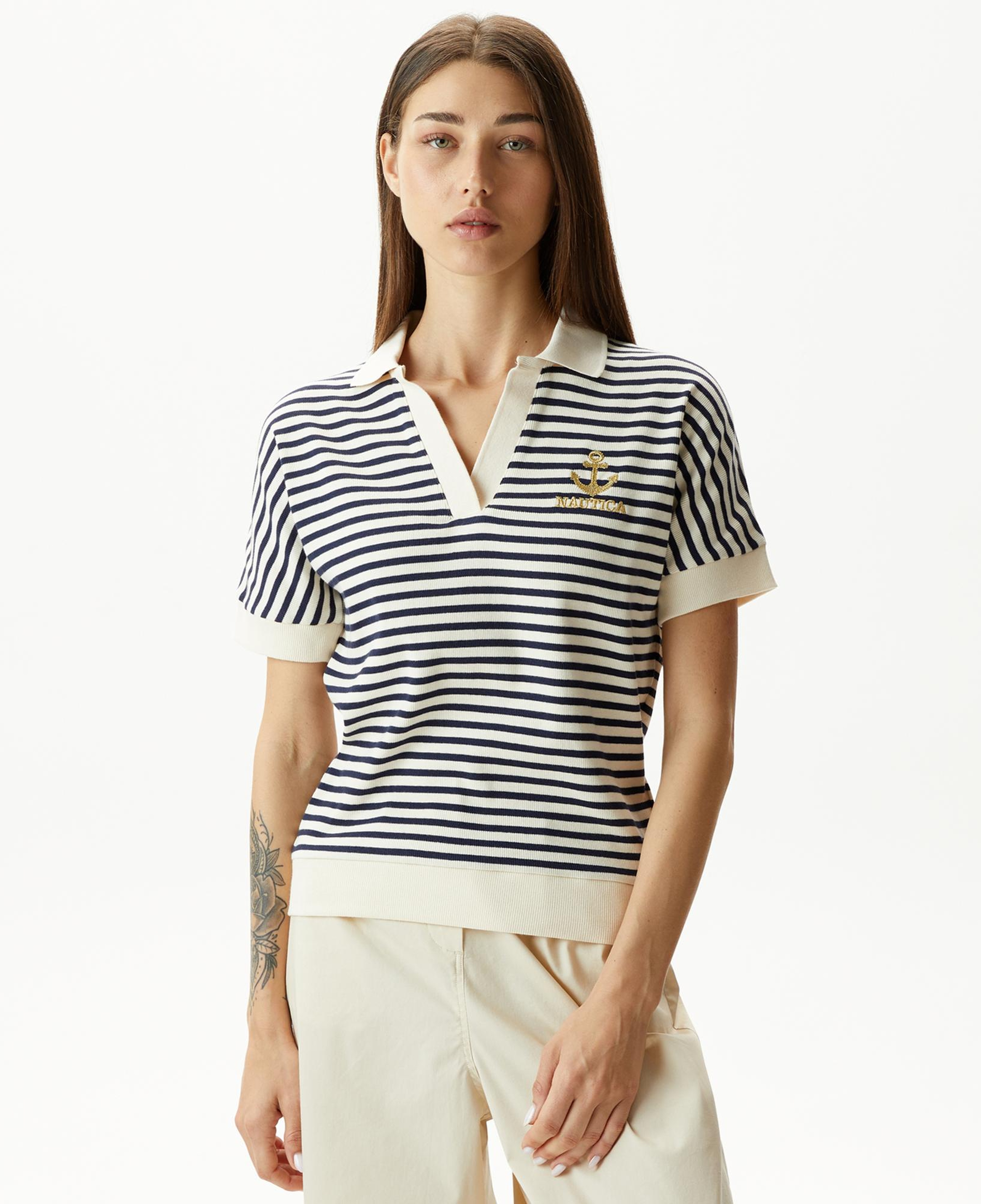 Nautica Kadın Lacivert Slim Fit Çizgili Polo Yaka T-Shirt