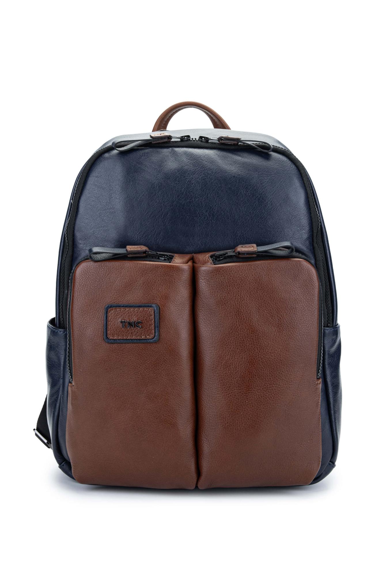 Tamer Tanca Erkek Hakiki Deri Lacivert/Taba Sırt Çantası