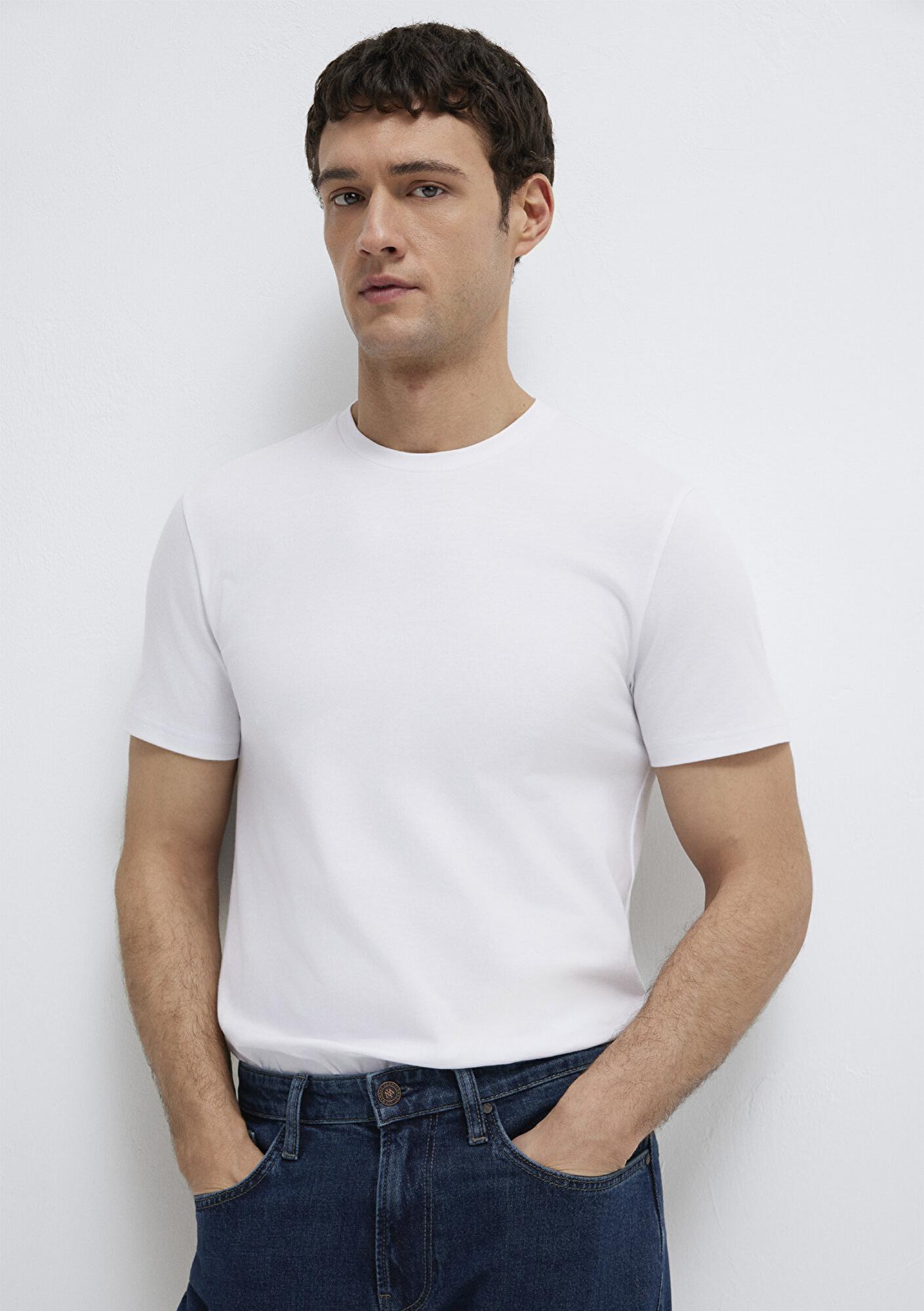 Mavi Stretch Beyaz Basic Tişört Fitted / Vücuda Oturan Kesim 061747-620