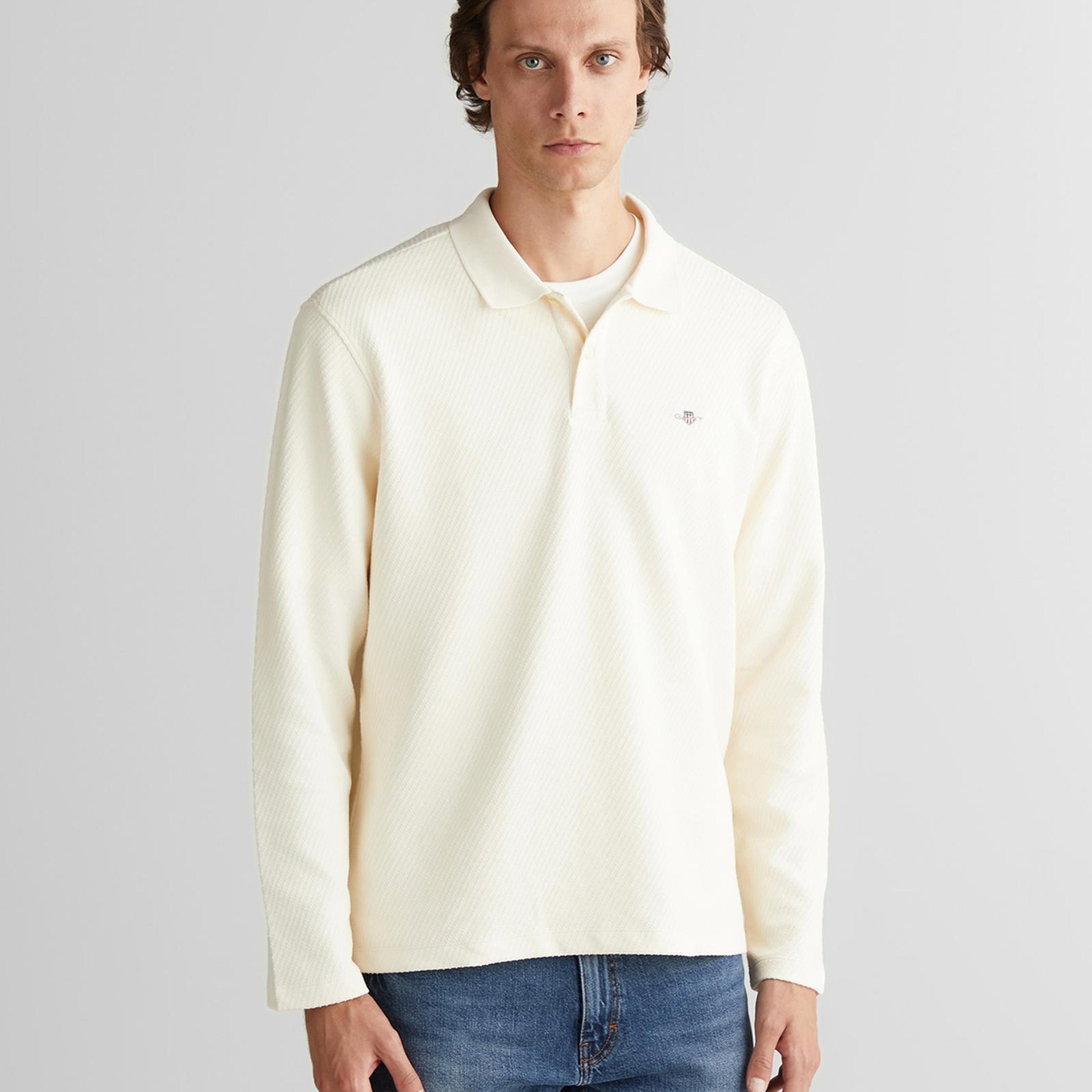 GANT Erkek Krem Relaxed Fit Polo Yaka Uzun Kollu T-Shirt