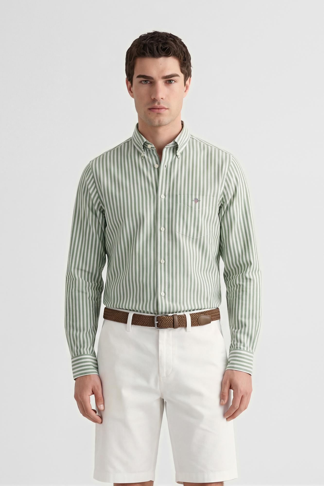 GANT Erkek Yeşil Regular Fit Çizgili Logolu Gömlek