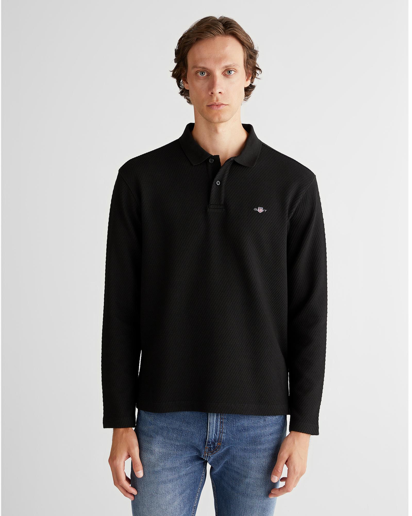 GANT Erkek Siyah Relaxed Fit Polo Yaka Uzun Kollu T-Shirt