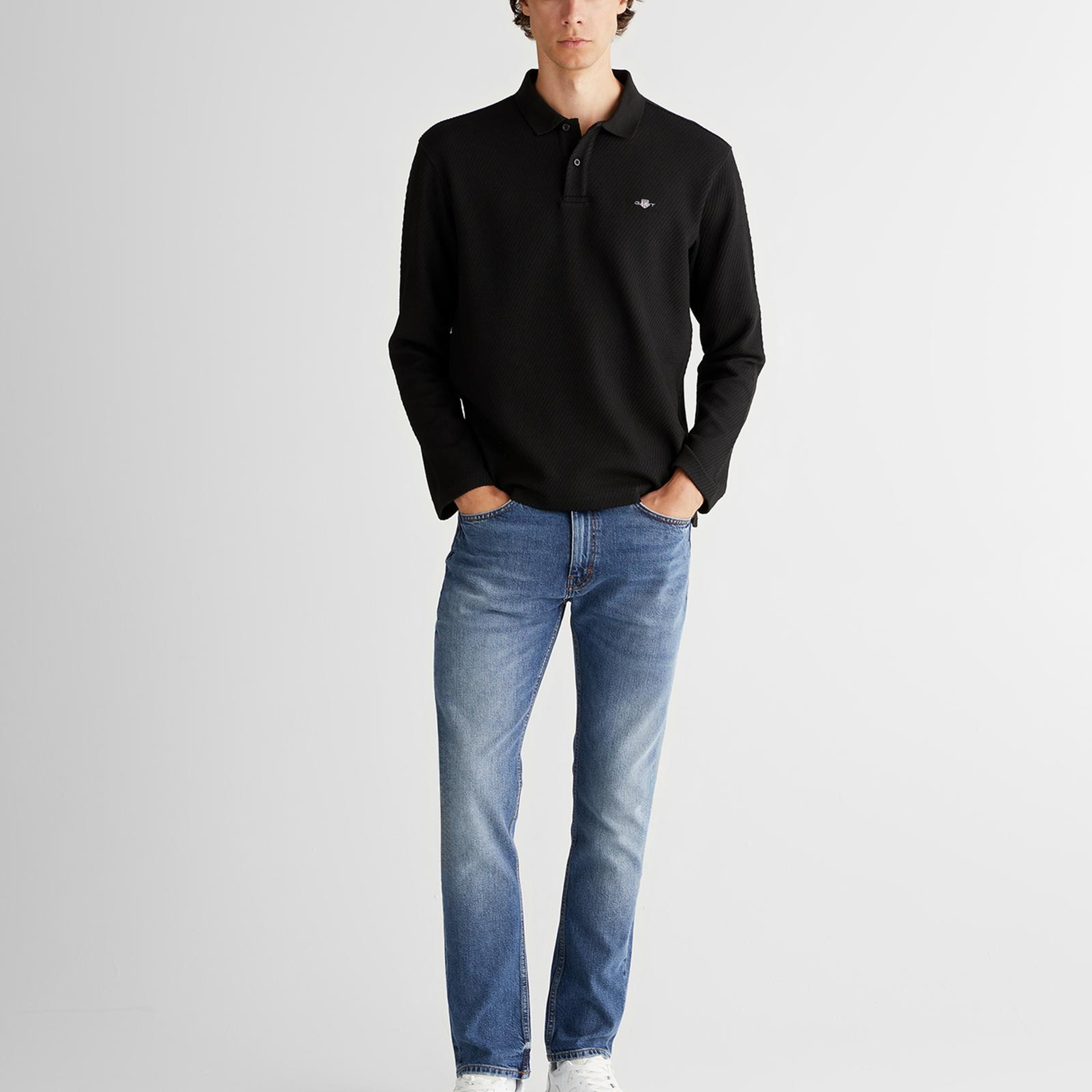 GANT Erkek Siyah Relaxed Fit Polo Yaka Uzun Kollu T-Shirt