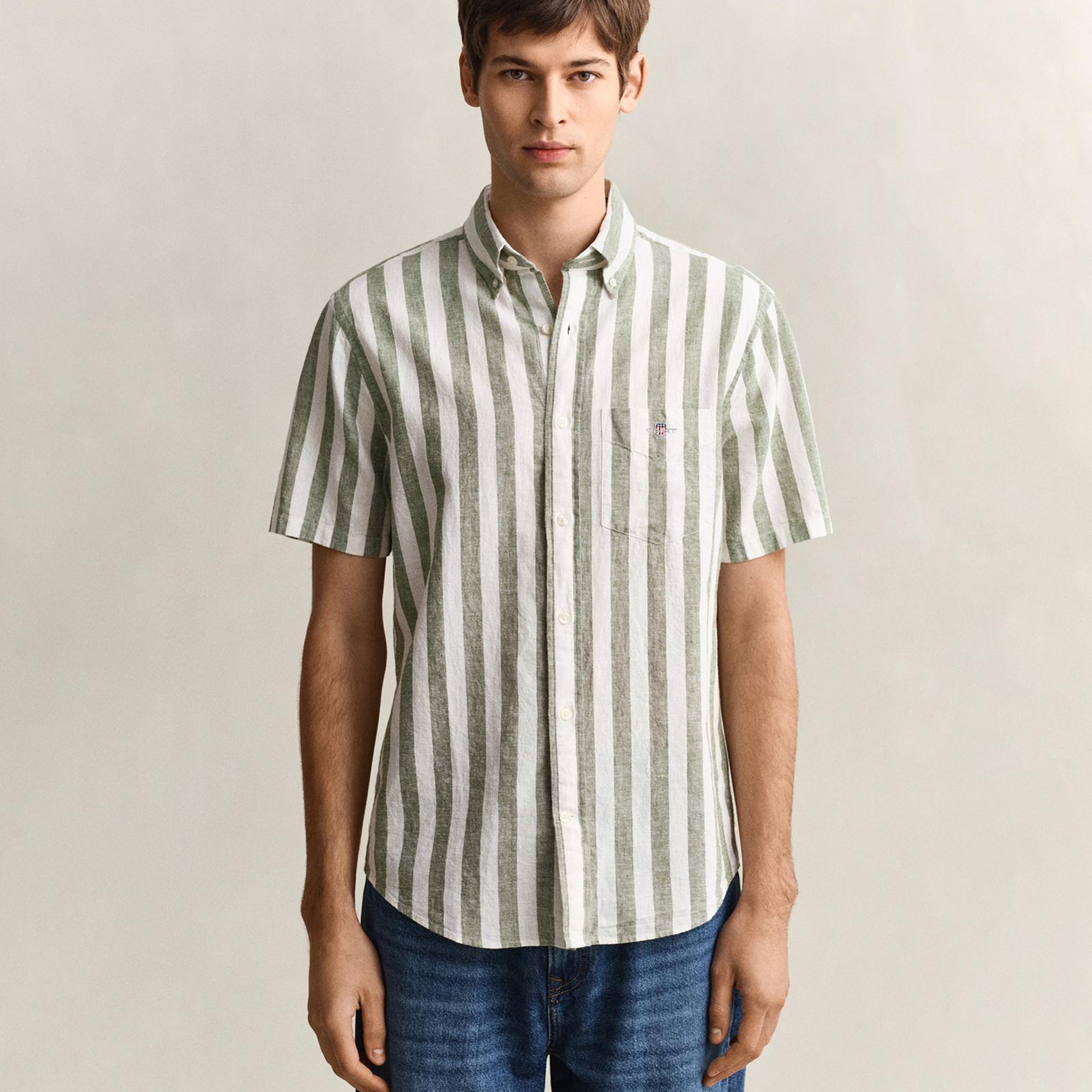 GANT Erkek Yeşil Regular Fit Çizgili Logolu Gömlek