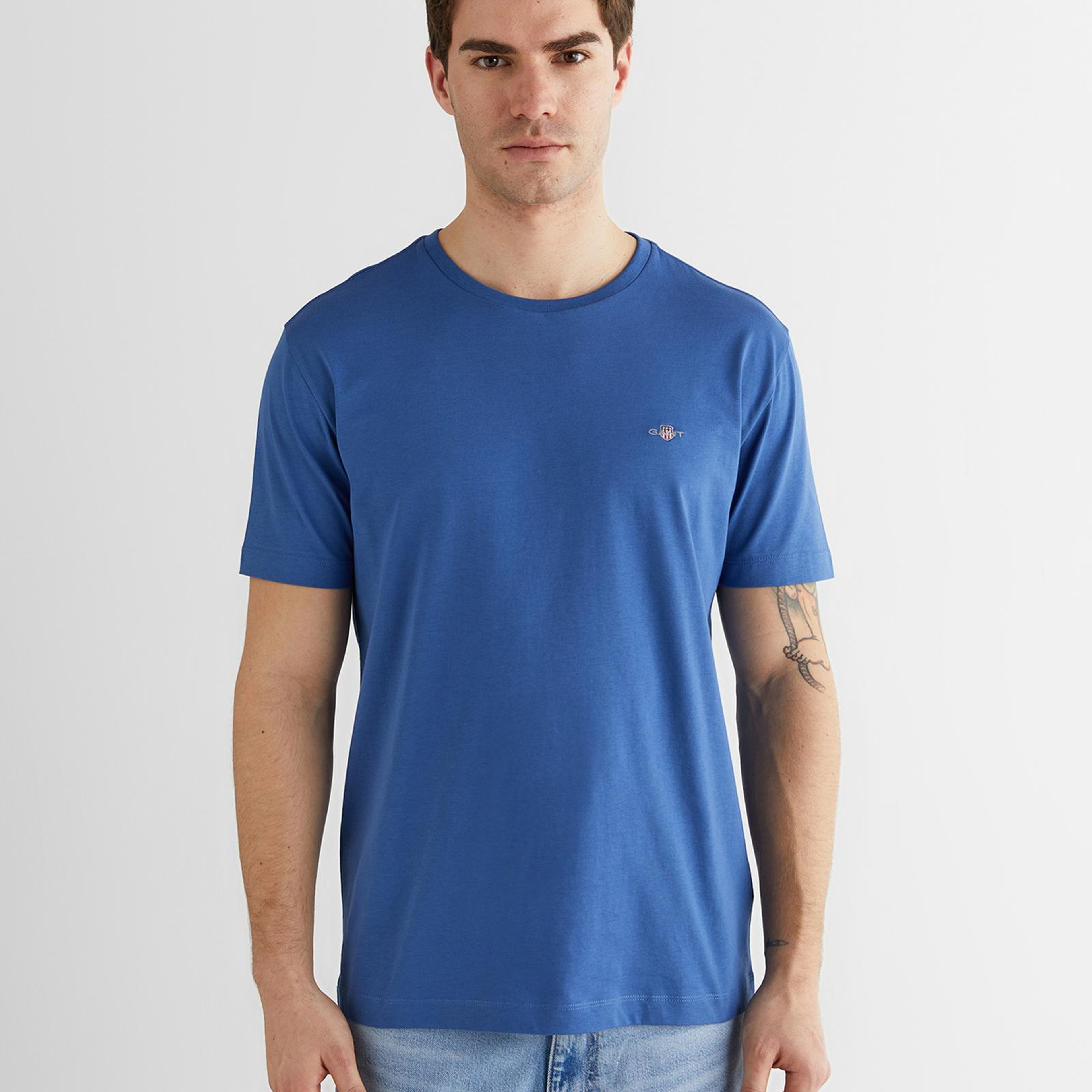 GANT Erkek Mavi Bisiklet Yaka Regular Fit Logolu T-Shirt