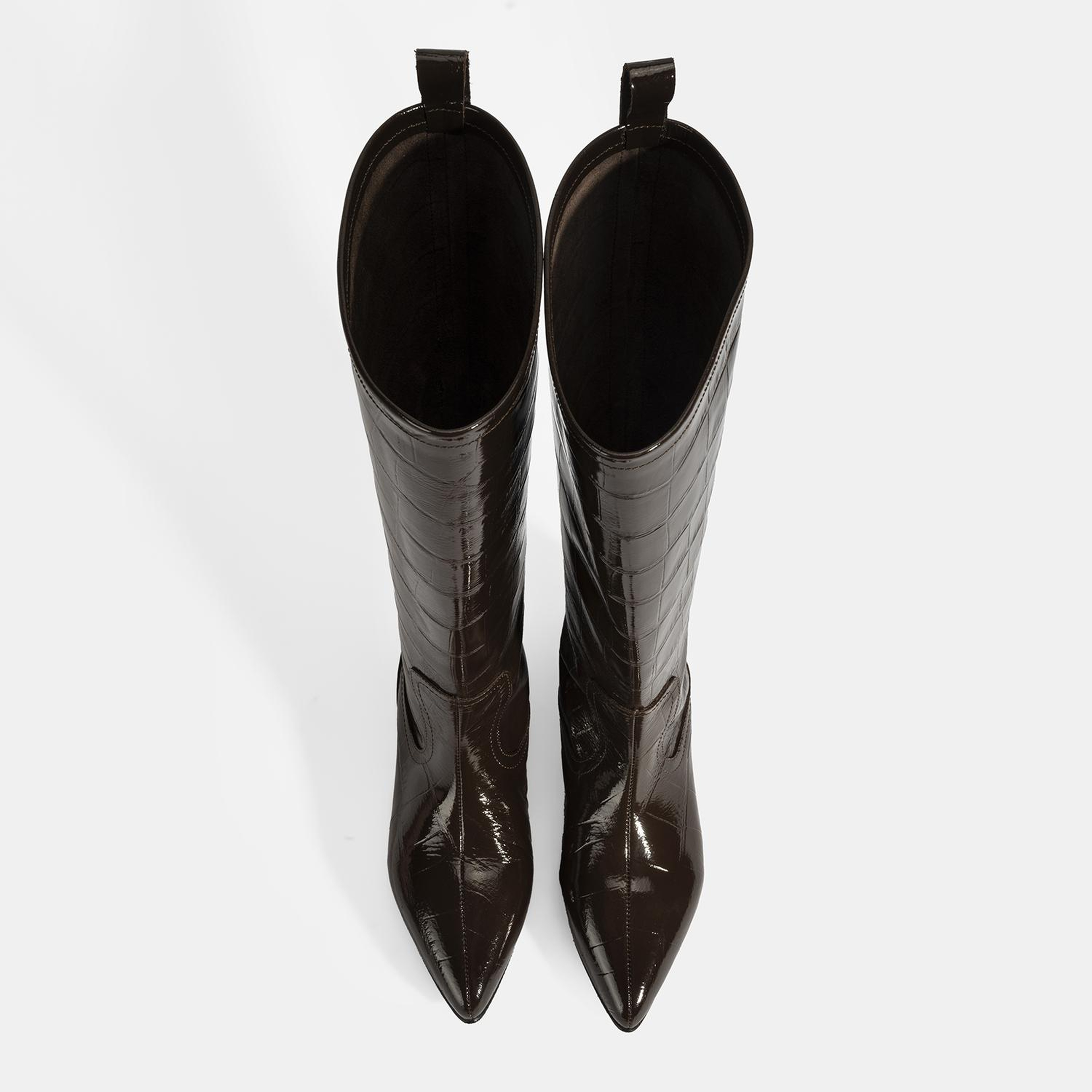 Kadın Kahve Kroko Baskılı İnce Topuklu Rugan Deri Çizme