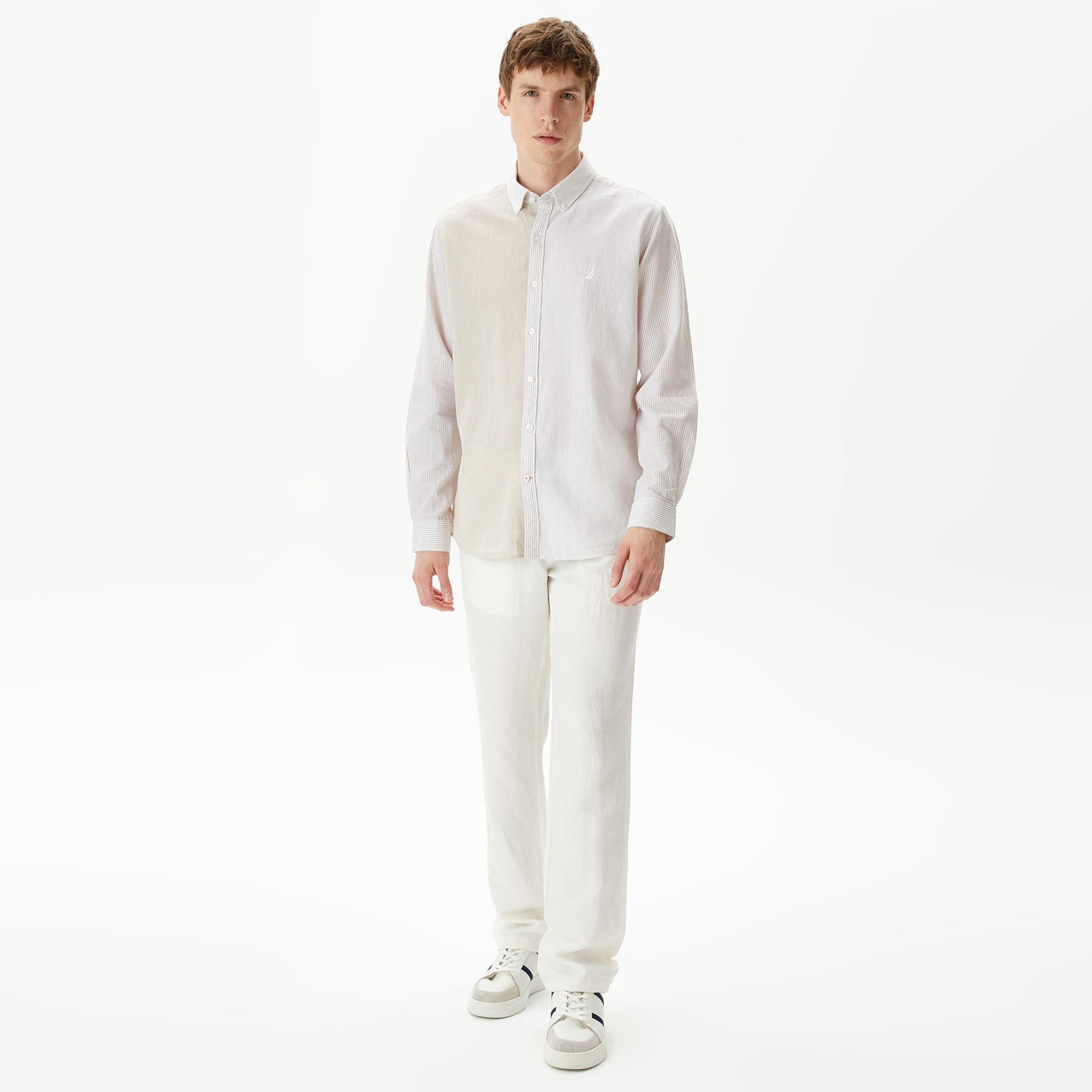 Nautica Erkek Kırık Beyaz Classic Fit Uzun Kollu Renk Bloklu Gömlek