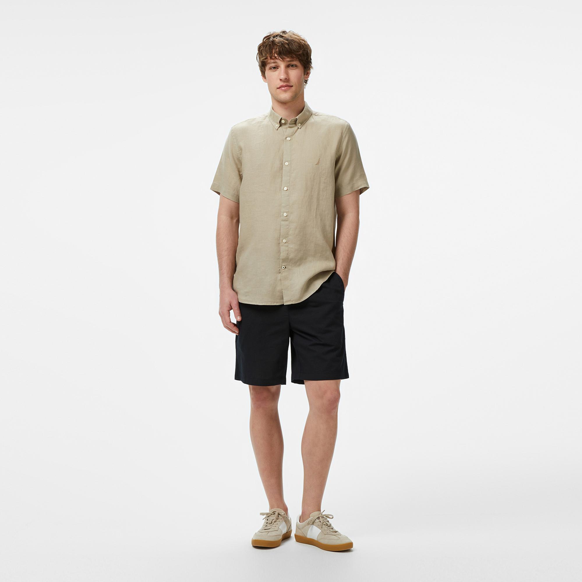 Nautica Erkek Bej Classic Fit Keten Gömlek