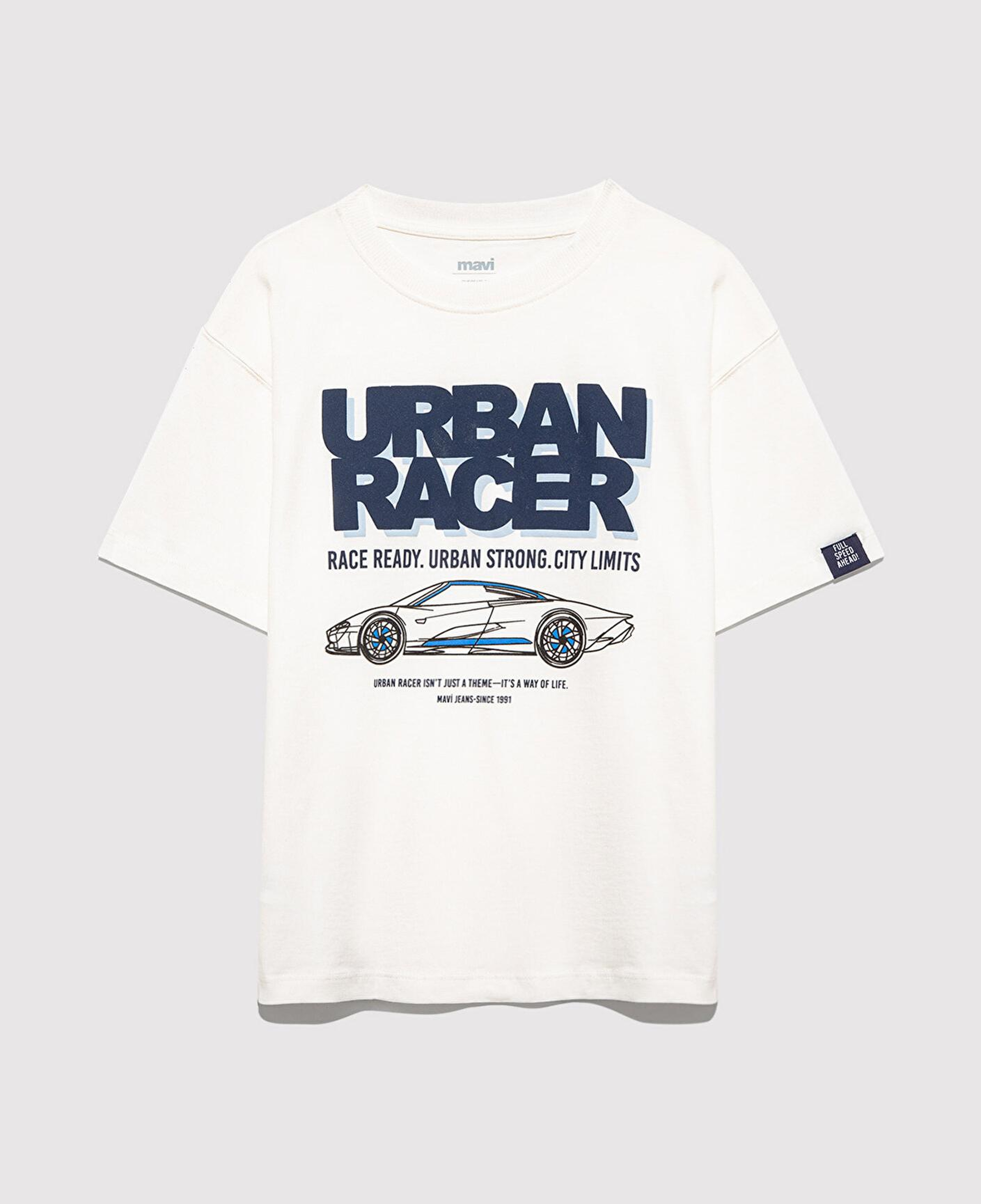 Mavi Araba Baskılı Ekru Tişört Oversize / Geniş Kesim 6610364-70057