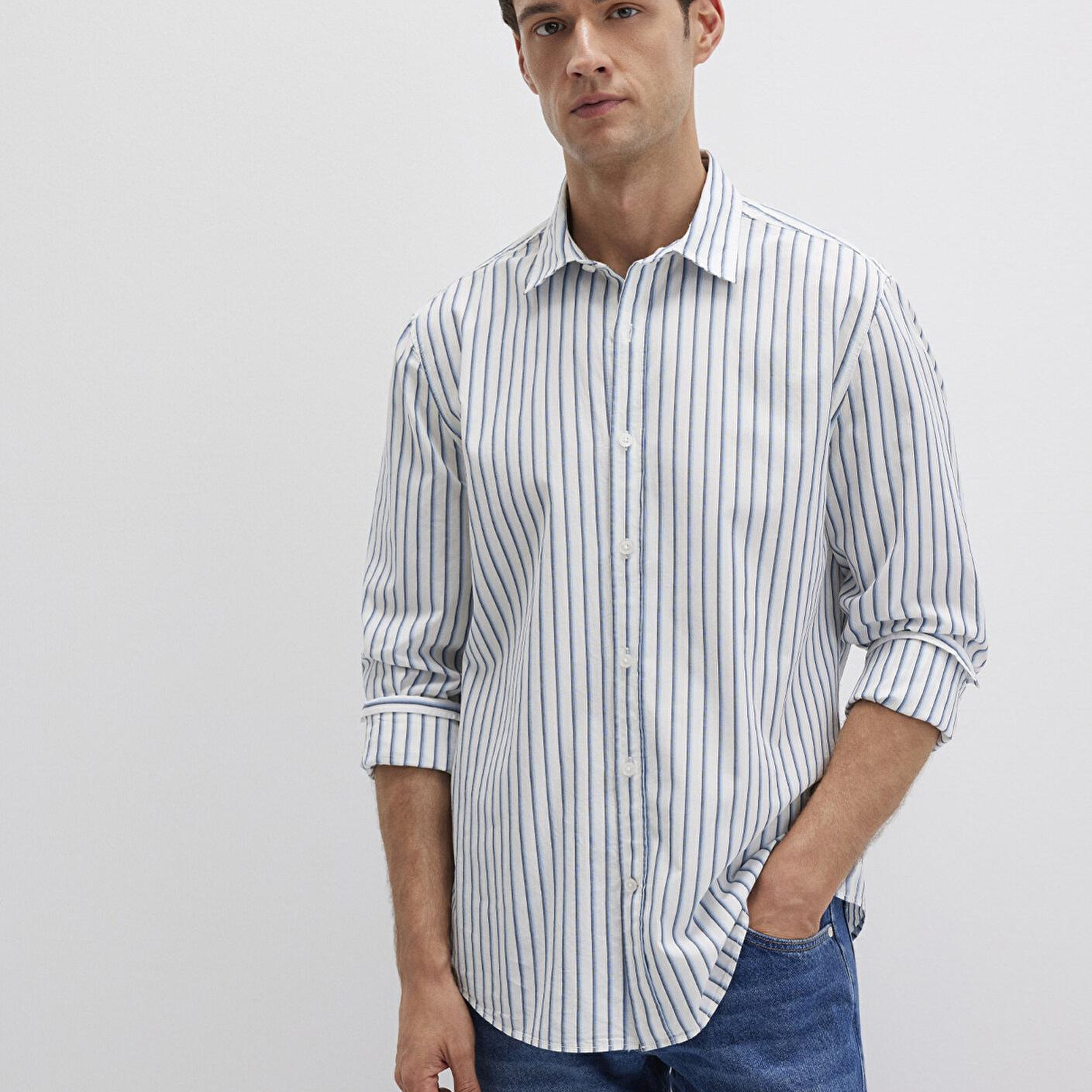 Mavi Mavi Çizgili Beyaz Gömlek Regular Fit / Normal Kesim 0211705-90928