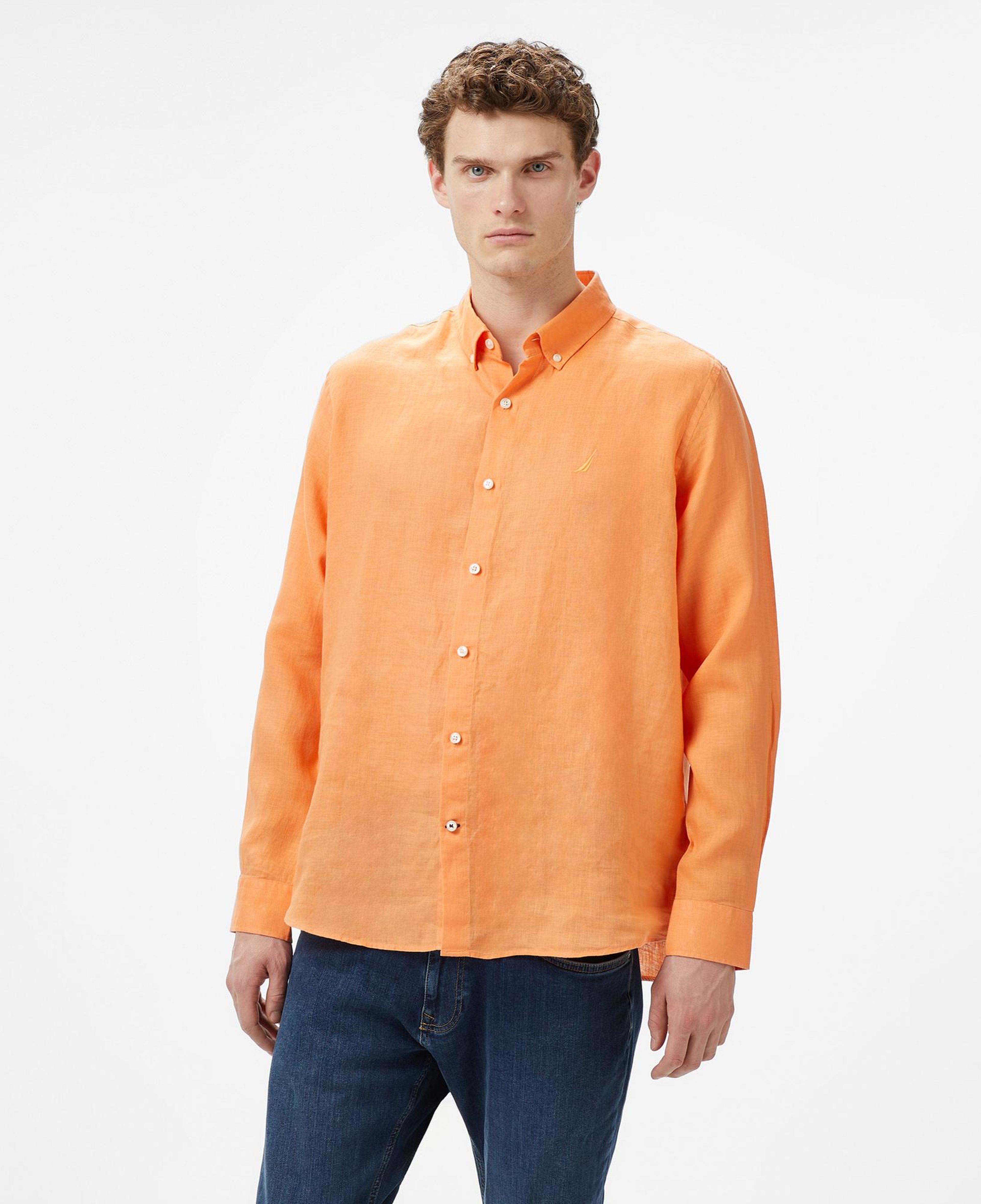 Nautica Erkek Turuncu Classic Fit Uzun Kollu Keten Gömlek