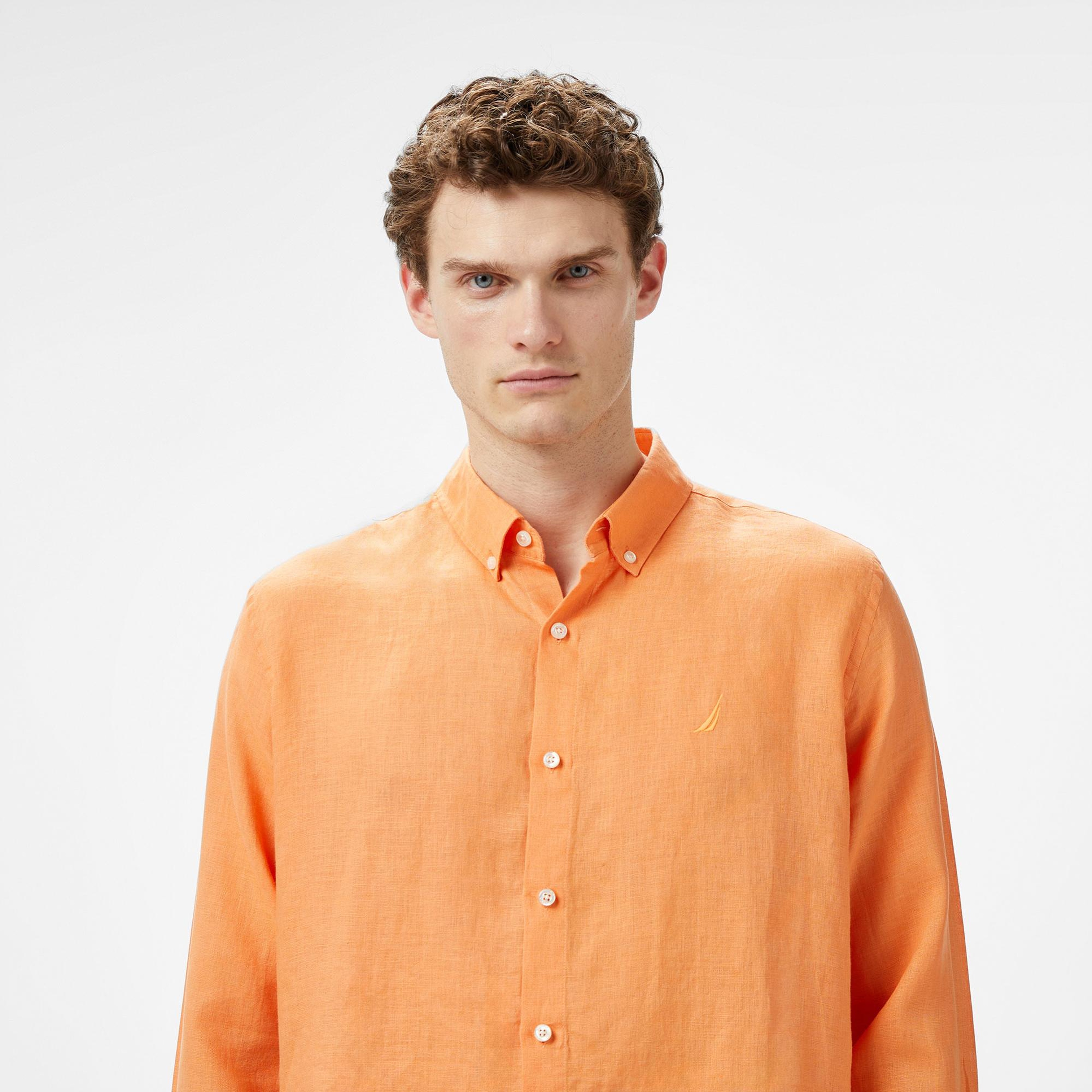 Nautica Erkek Turuncu Classic Fit Uzun Kollu Keten Gömlek