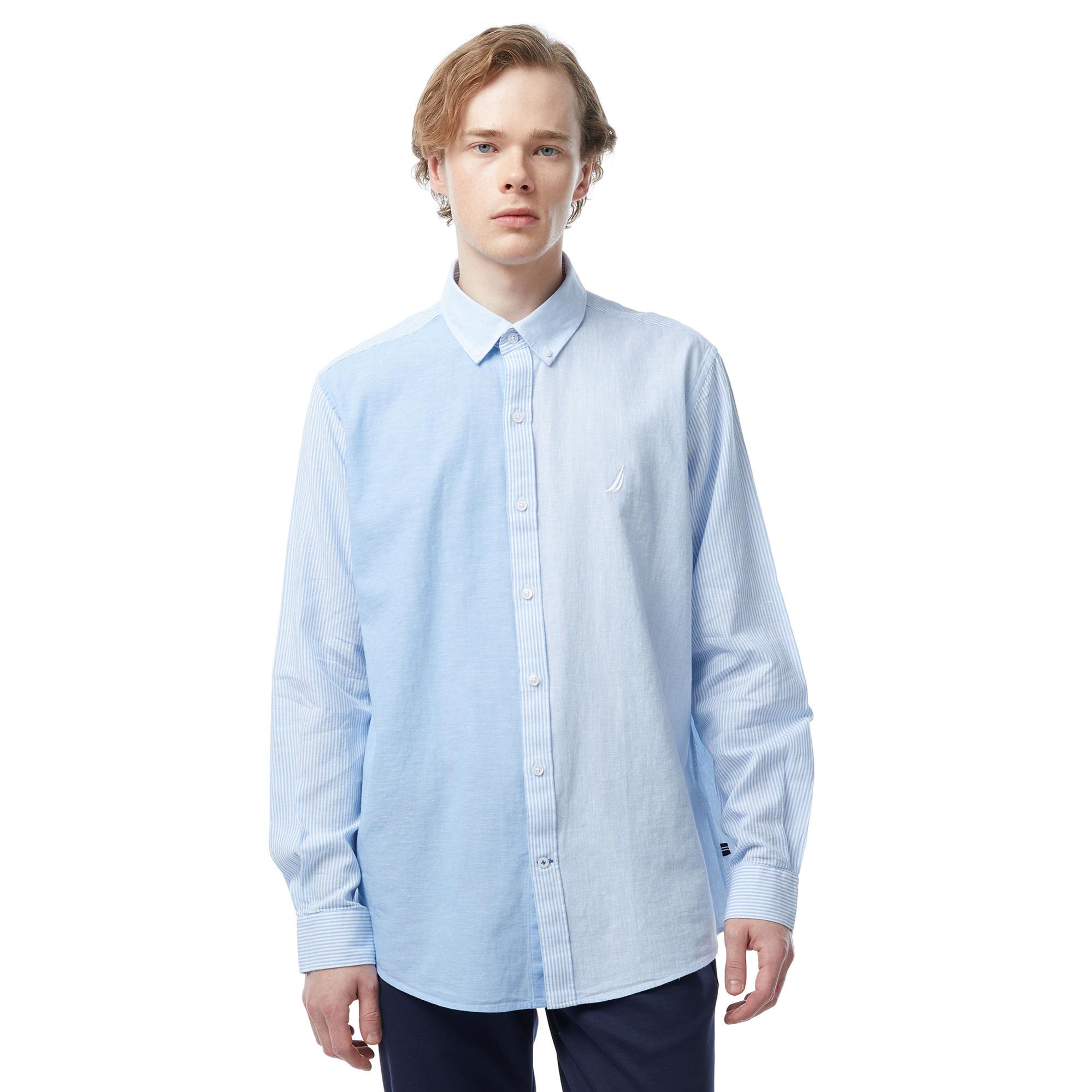 Nautica Erkek Mavi Classic Fit Uzun Kollu Renk Bloklu Gömlek