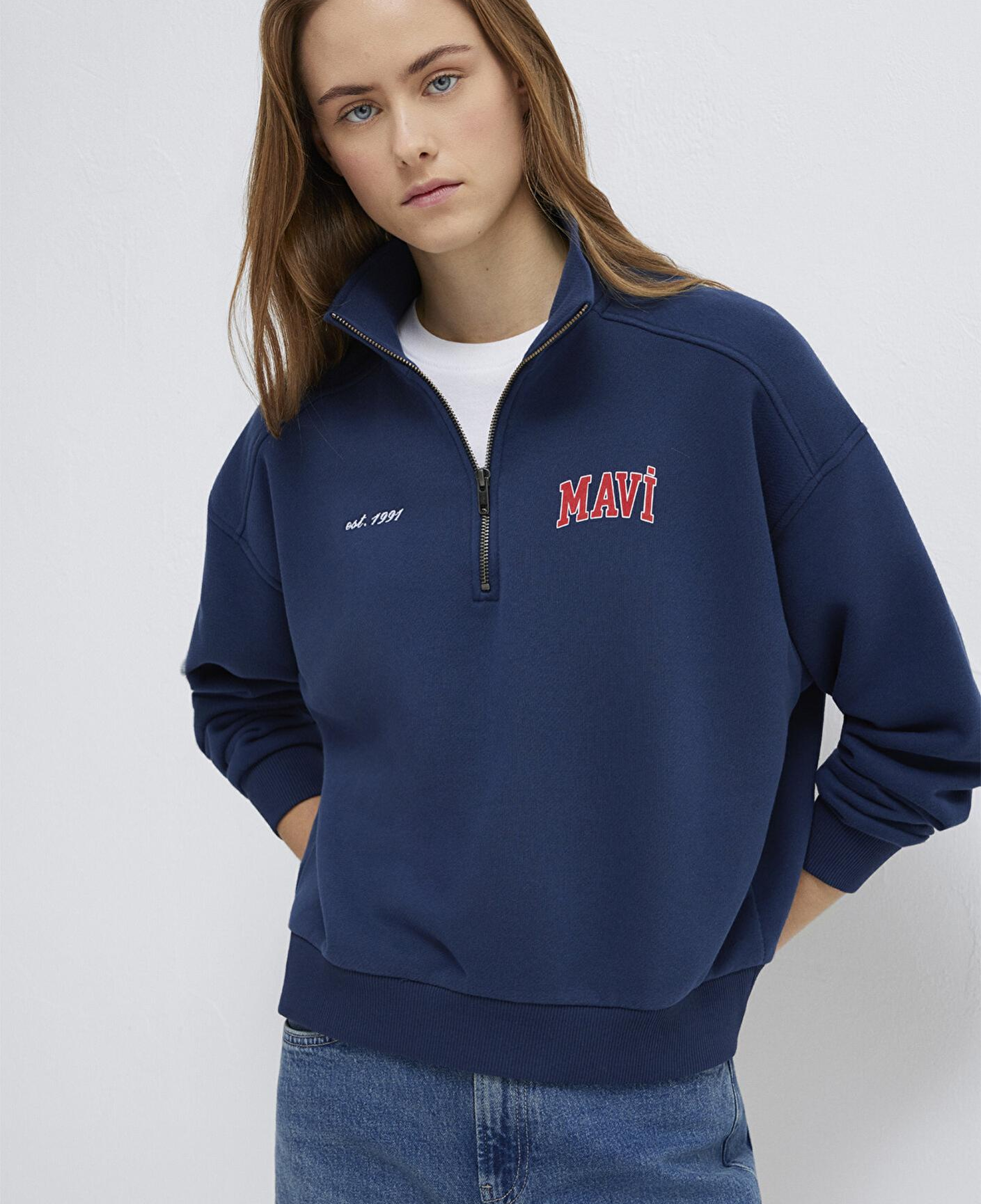 Mavi Mavi Logo Baskılı Yarı Fermuarlı Lacivert Sweatshirt 1S10373-70488