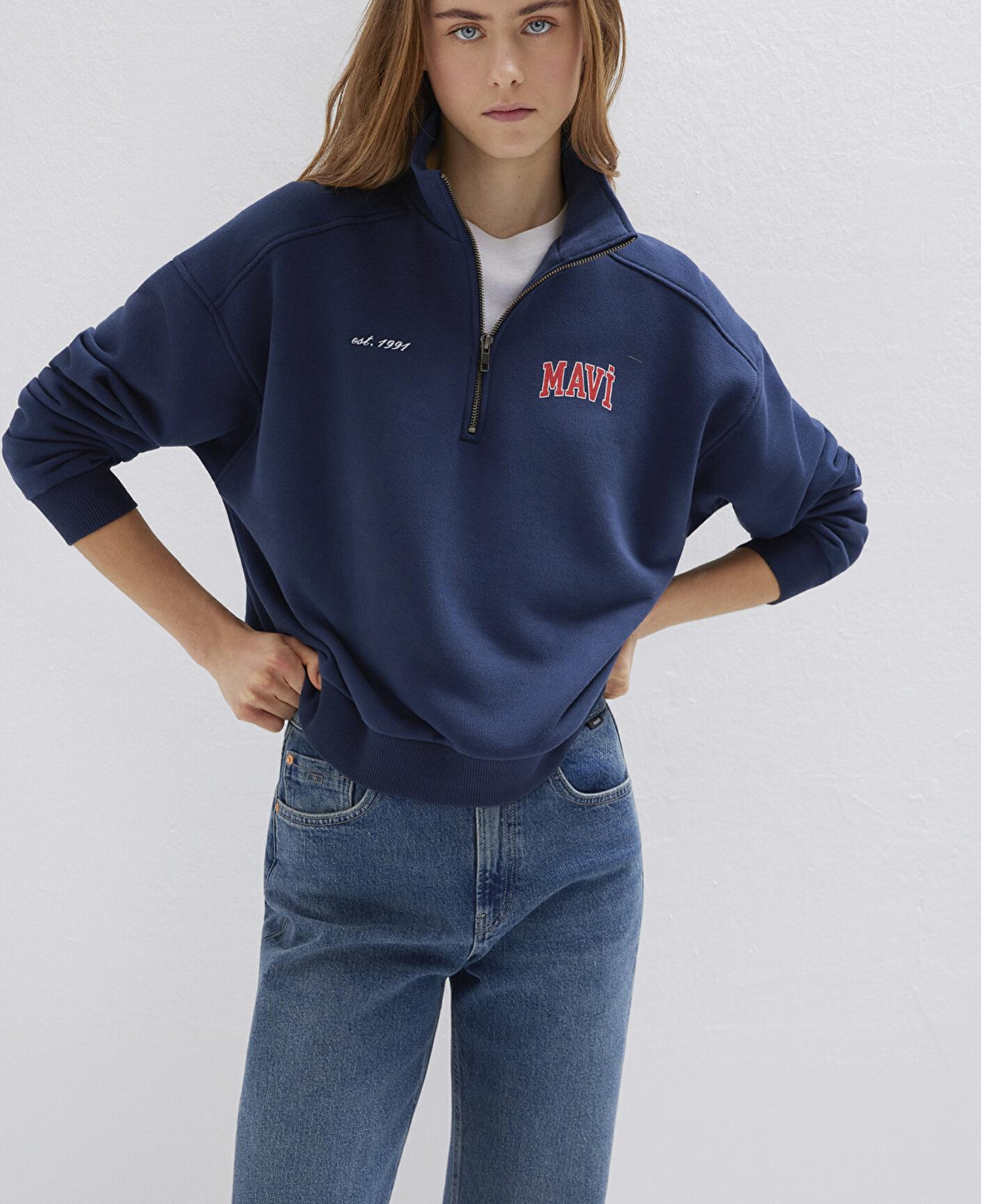 Mavi Mavi Logo Baskılı Yarı Fermuarlı Lacivert Sweatshirt 1S10373-70488