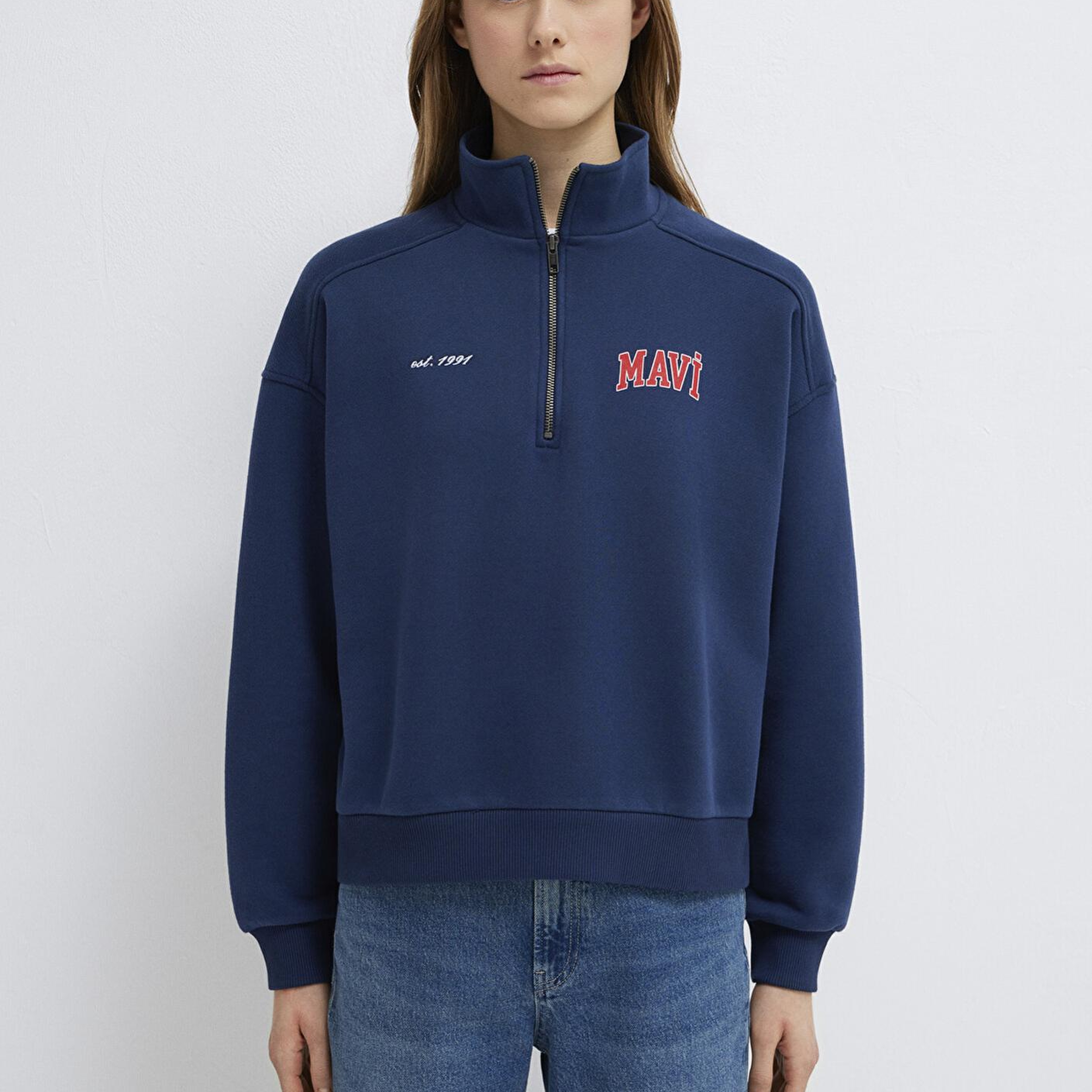 Mavi Mavi Logo Baskılı Yarı Fermuarlı Lacivert Sweatshirt 1S10373-70488