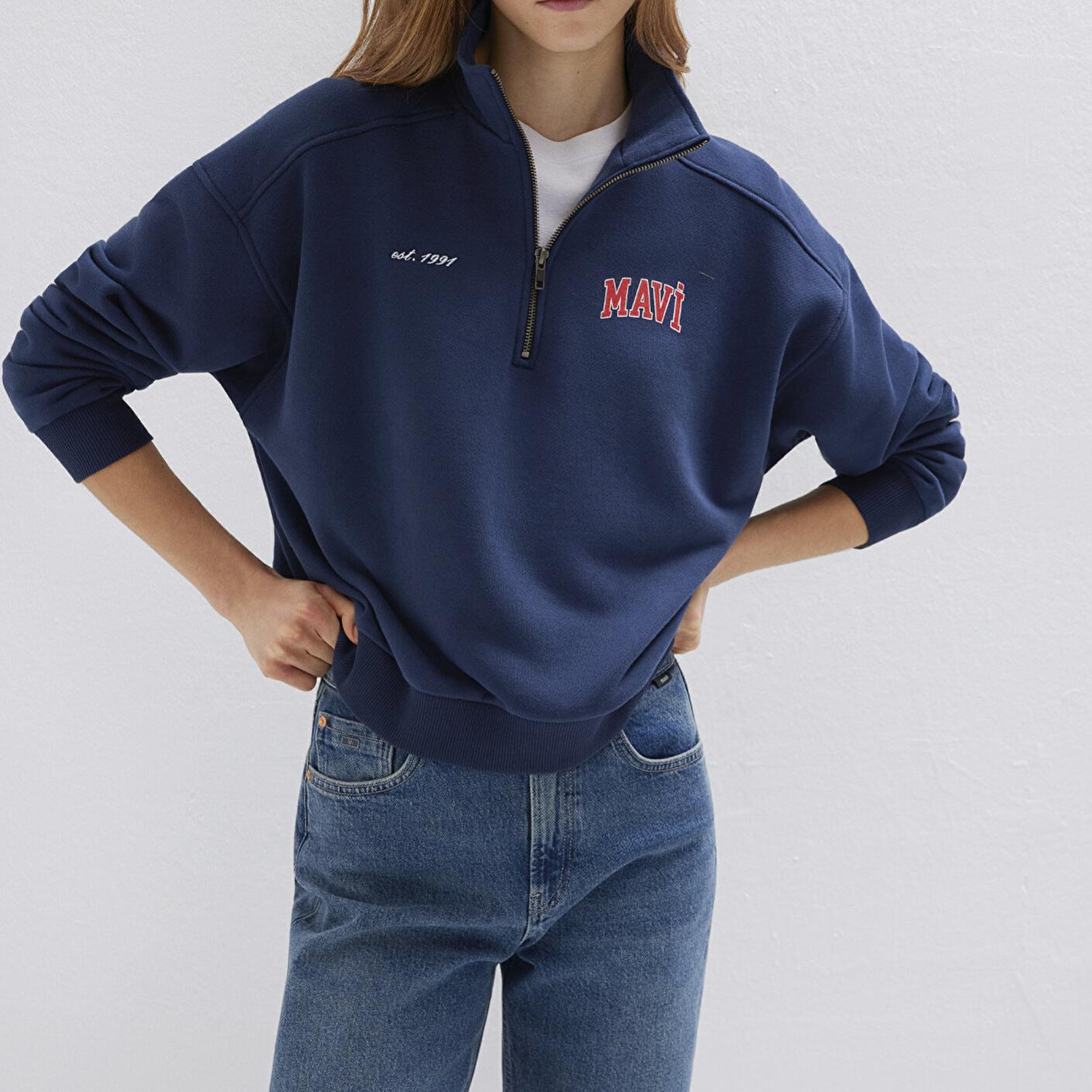 Mavi Mavi Logo Baskılı Yarı Fermuarlı Lacivert Sweatshirt 1S10373-70488