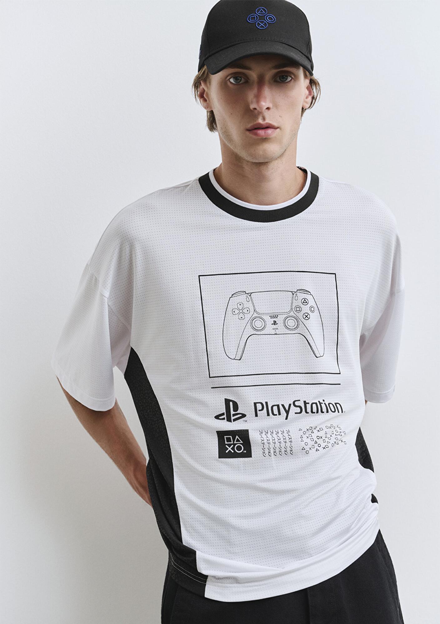 Mavi PlayStation Baskılı Beyaz Forma Tişört Oversize / Geniş Kesim 0612938-620