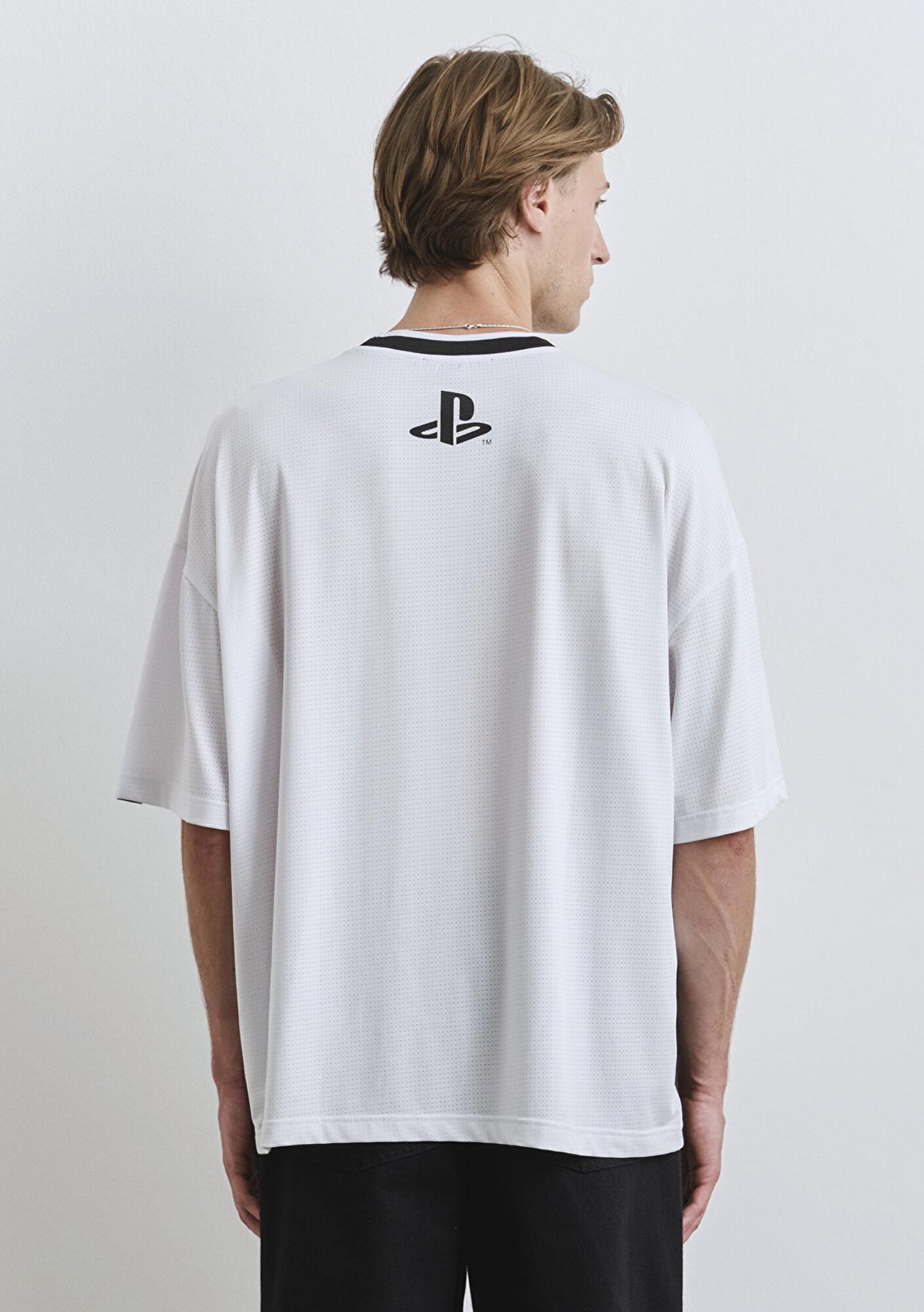 Mavi PlayStation Baskılı Beyaz Forma Tişört Oversize / Geniş Kesim 0612938-620