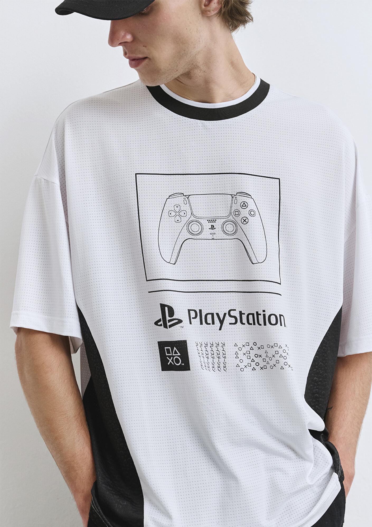 Mavi PlayStation Baskılı Beyaz Forma Tişört Oversize / Geniş Kesim 0612938-620