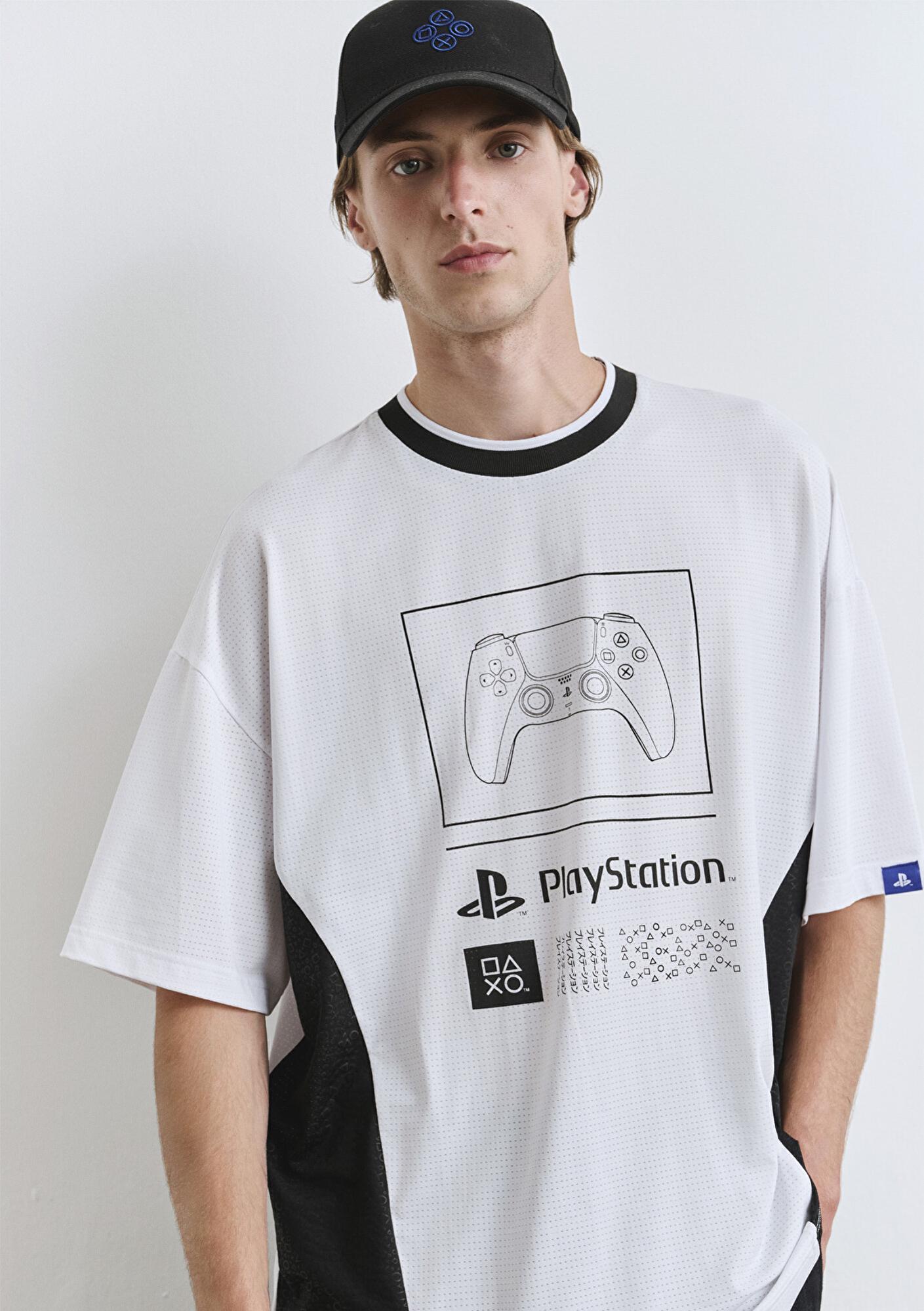 Mavi PlayStation Baskılı Beyaz Forma Tişört Oversize / Geniş Kesim 0612938-620