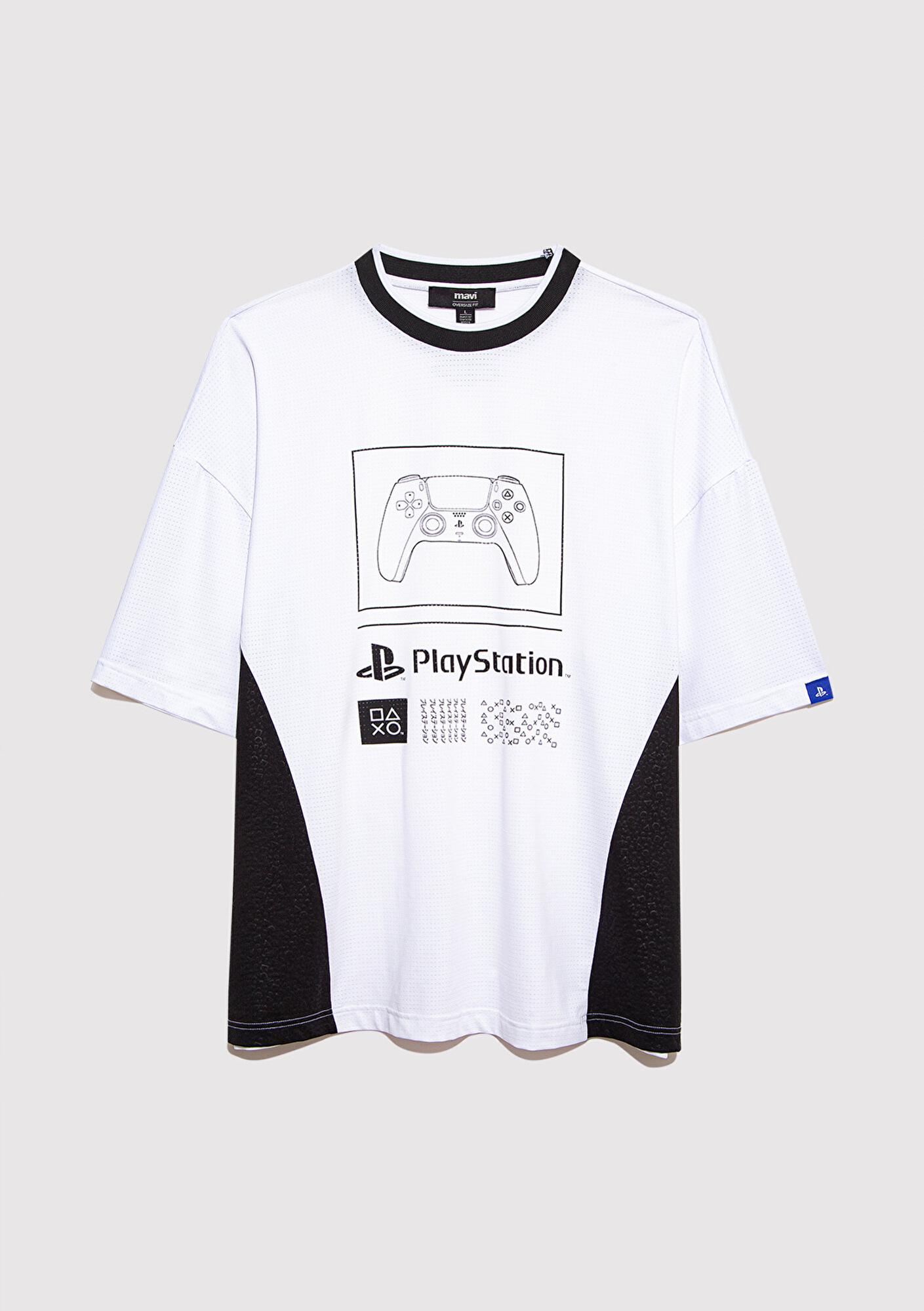 Mavi PlayStation Baskılı Beyaz Forma Tişört Oversize / Geniş Kesim 0612938-620