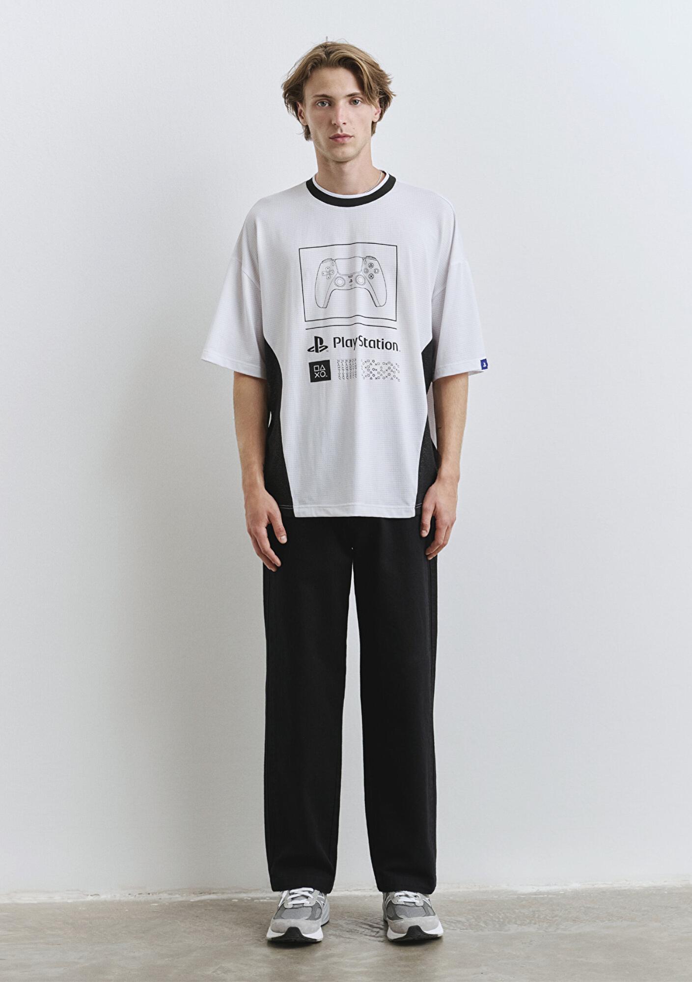 Mavi PlayStation Baskılı Beyaz Forma Tişört Oversize / Geniş Kesim 0612938-620